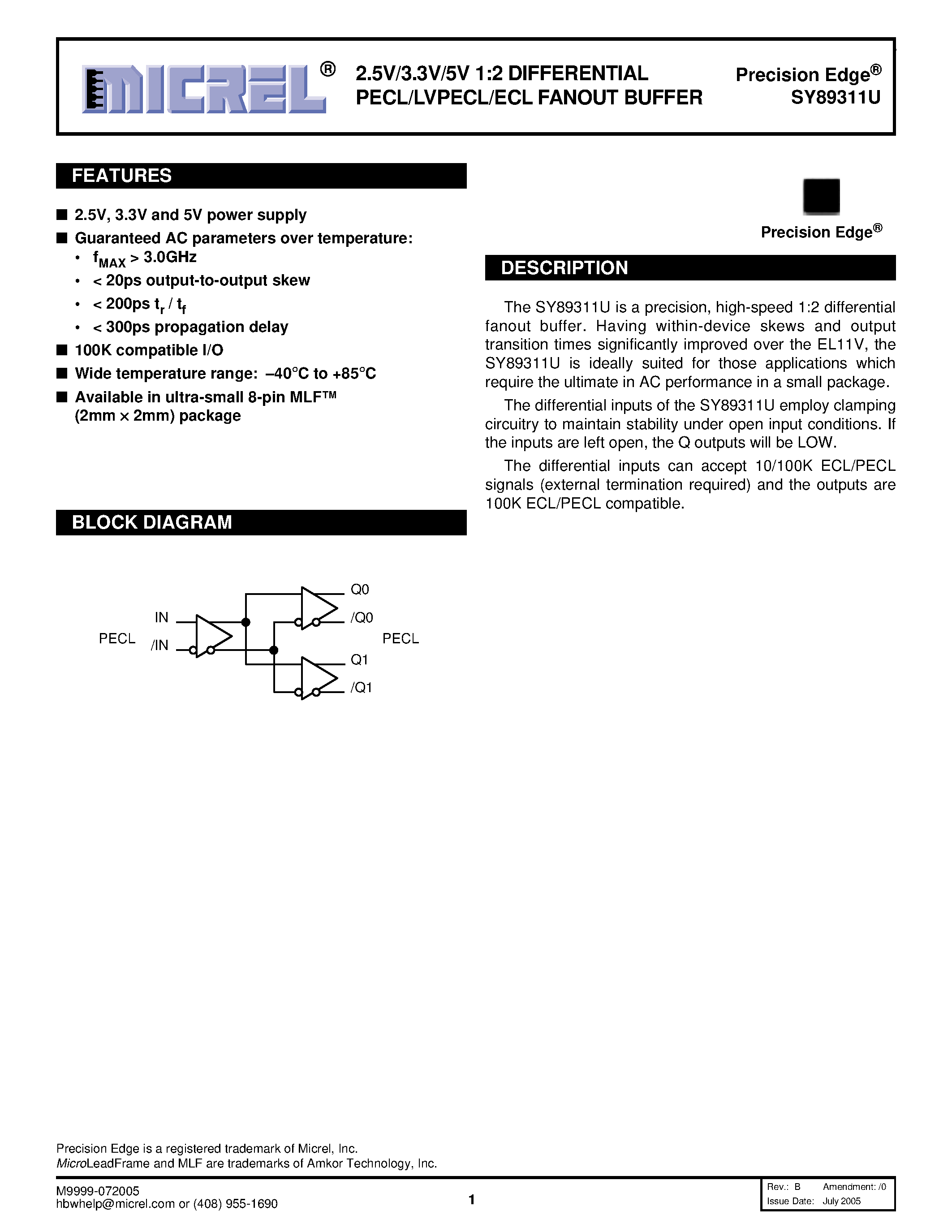 Datasheet SY89311U - 2.5V/3.3V/5V 1:2 DIFFERENTIAL PECL/LVPECL/ECL FANOUT BUFFER page 1