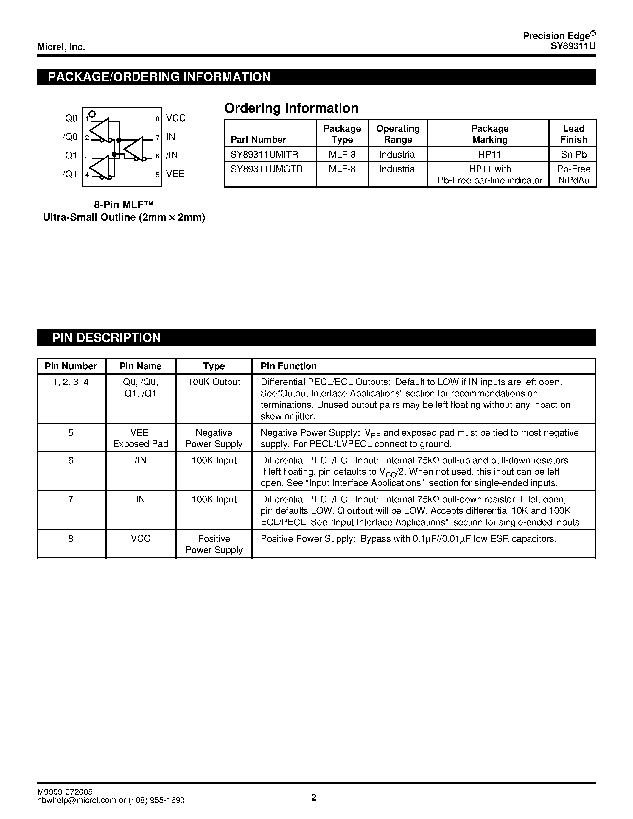 Datasheet SY89311U - 2.5V/3.3V/5V 1:2 DIFFERENTIAL PECL/LVPECL/ECL FANOUT BUFFER page 2
