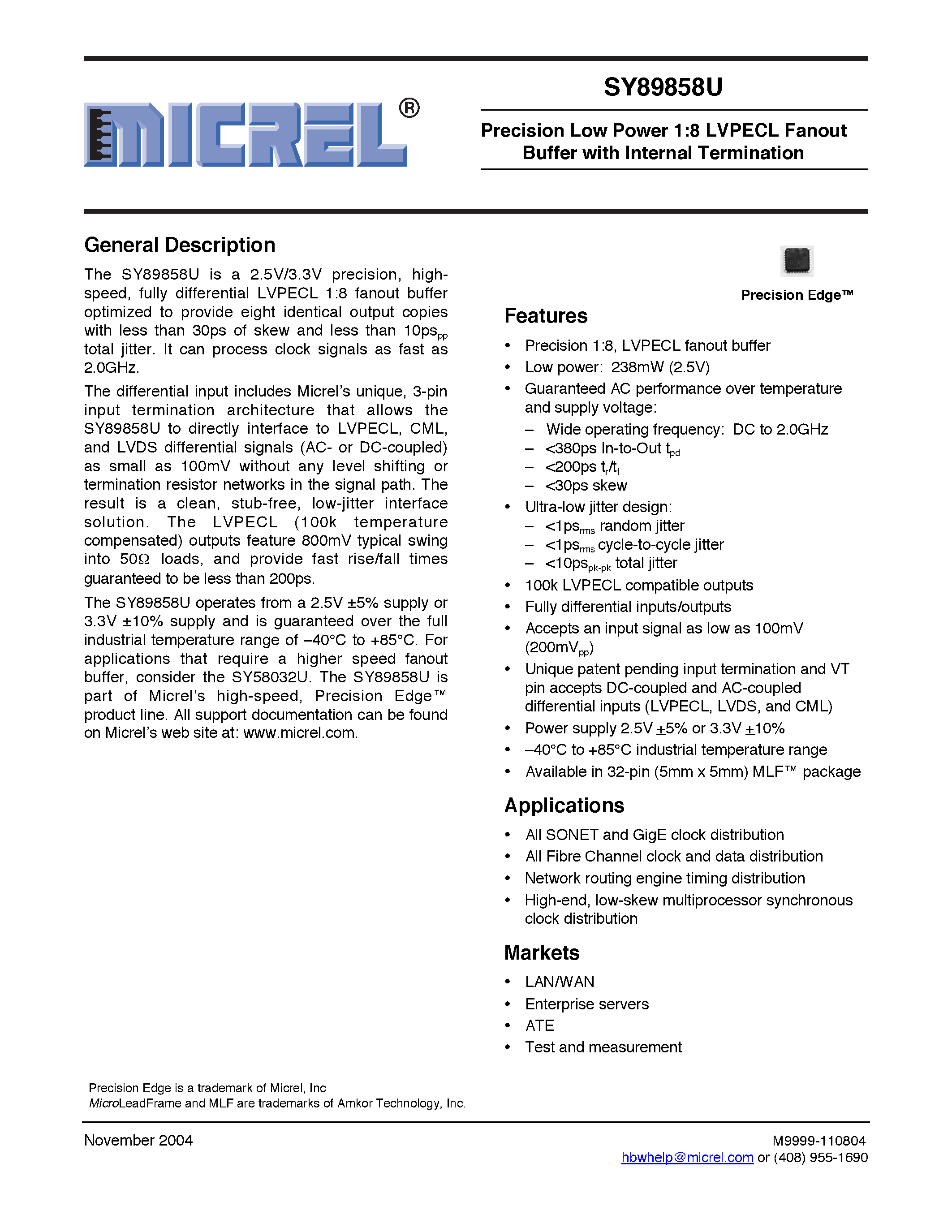 Datasheet SY89858U - PRECISION CML RUNT PULSE ELIMINATOR 2:1 MUX page 1
