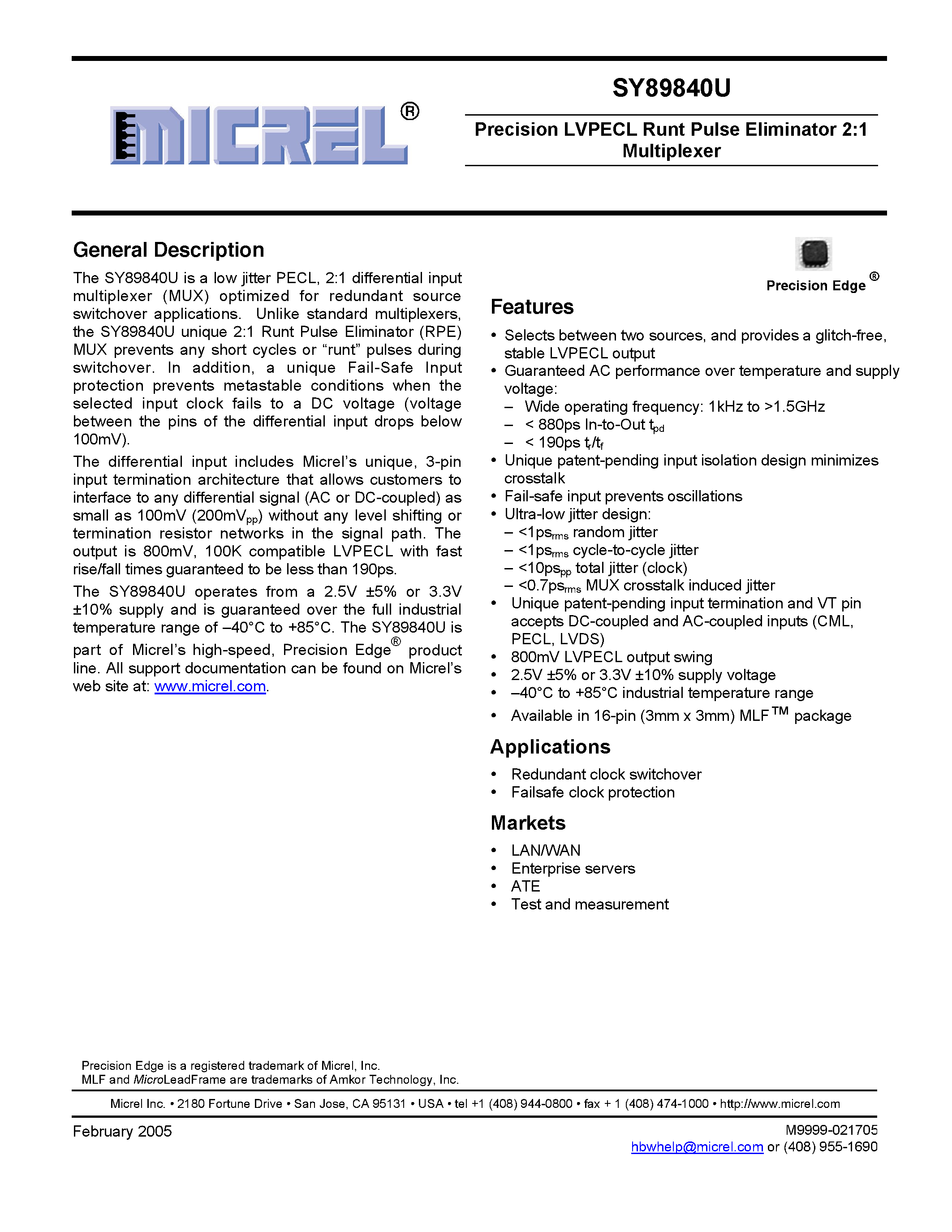 Datasheet SY89840U - Precision LVPECL Runt Pulse Eliminator 2:1 Multiplexer page 1