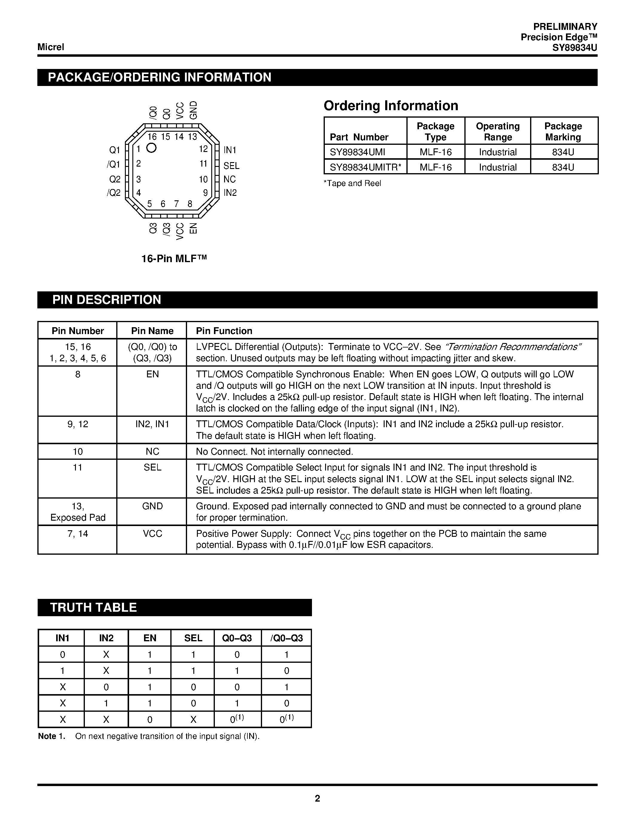 Datasheet SY89834U page 2 Datasheet SY89834U - 2.5V/3.3V TWO INPUT / 1GHz LVTTL/CMOS-TO-LVPECL 1:4 FANOUT BUFFER/TRANSLATOR page 2