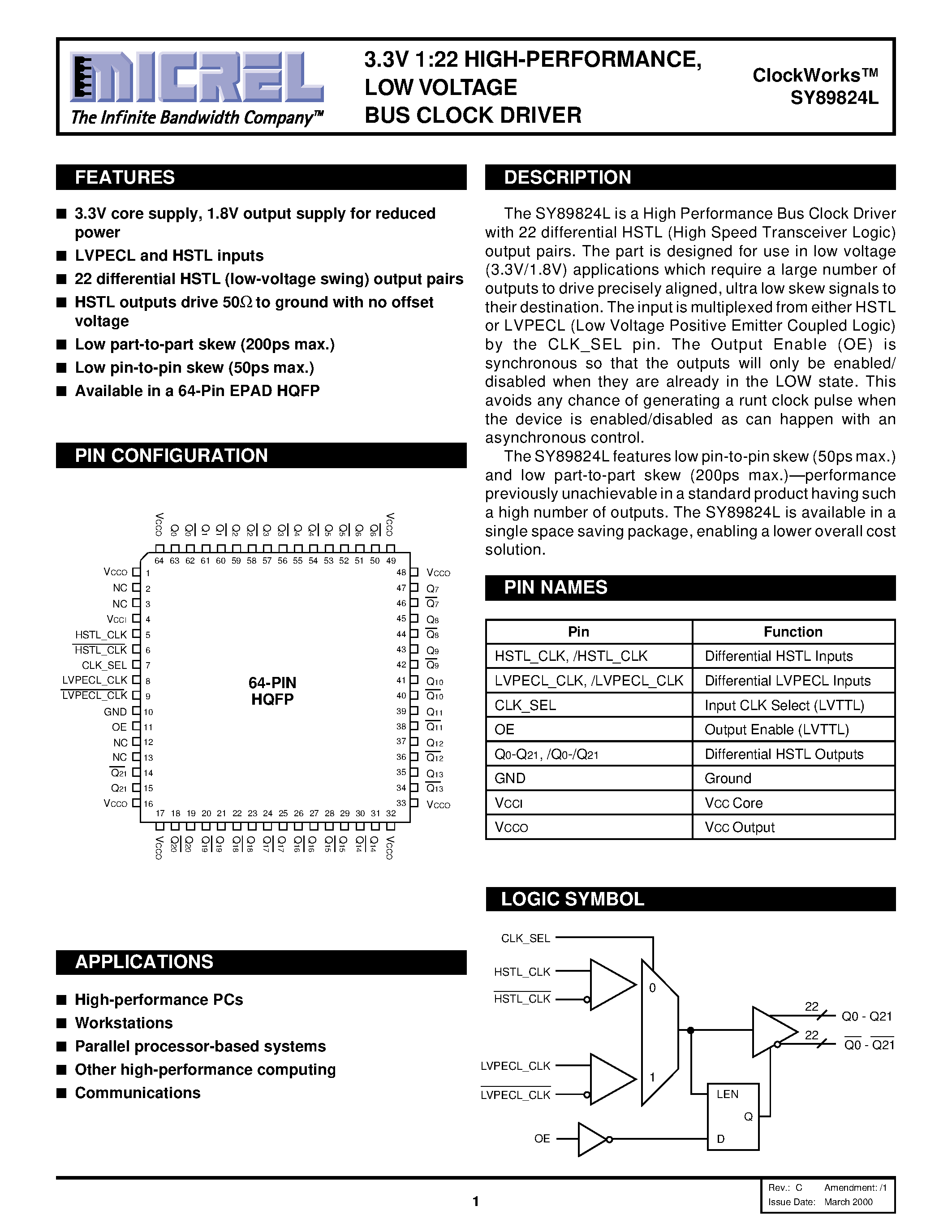 Datasheet SY89824L - 3.3V 1:22 HIGH-PERFORMANCE / LOW VOLTAGE BUS CLOCK DRIVER page 1
