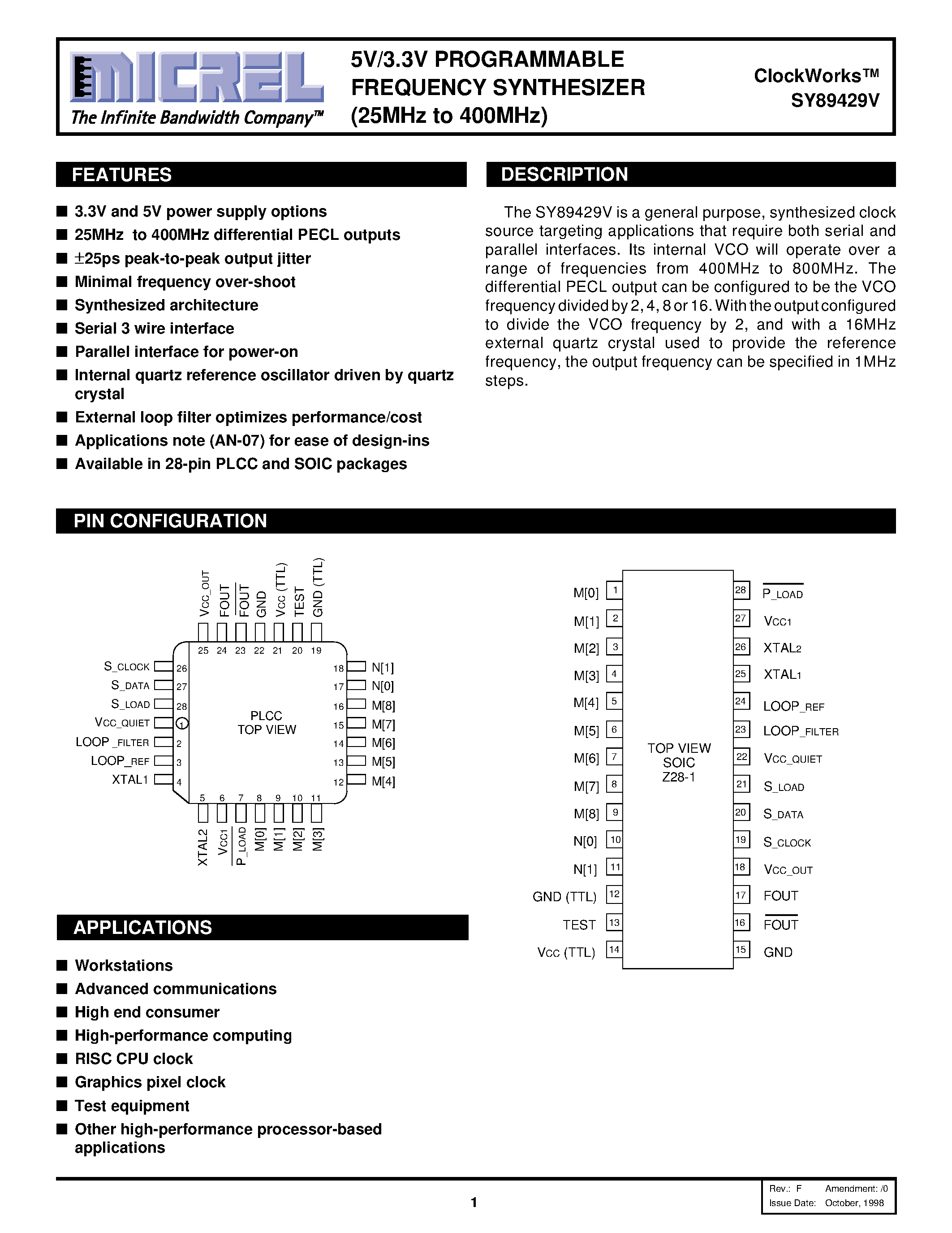 Datasheet SY89429V page 1 Datasheet SY89429V - 5V/3.3V PROGRAMMABLE FREQUENCY SYNTHESIZER 25MHz to 400MHz page 1