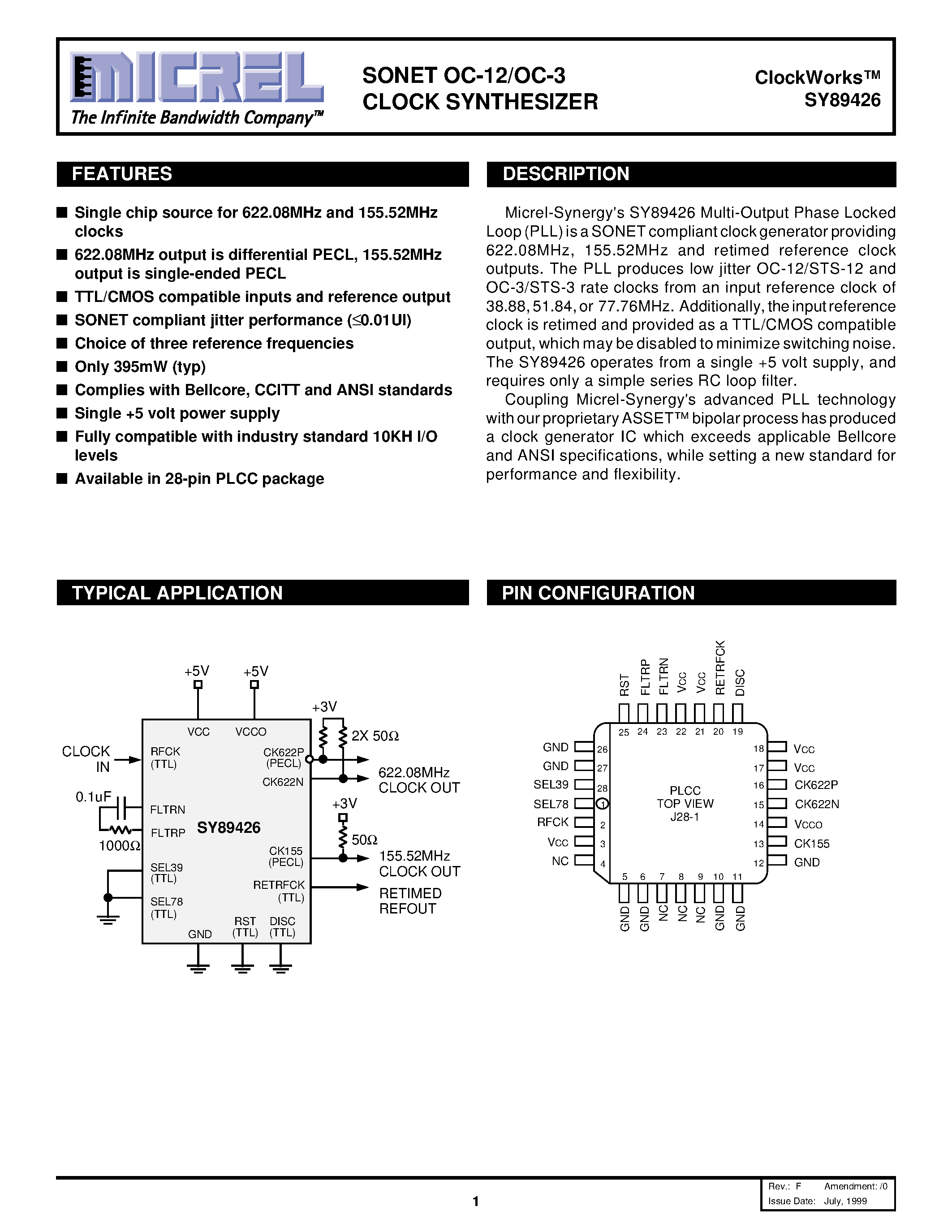 Datasheet SY89426 - SONET OC-12/OC-3 CLOCK SYNTHESIZER page 1