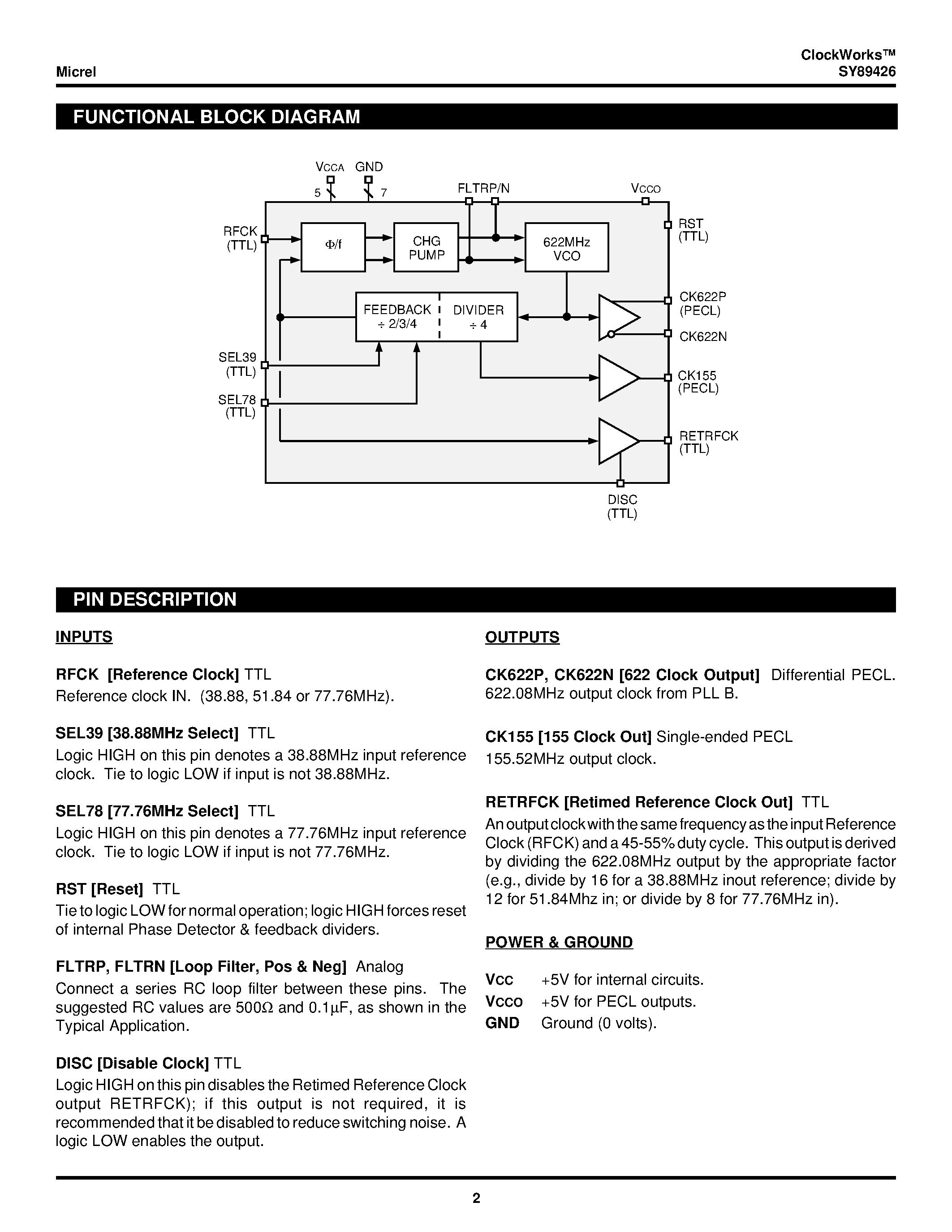 Datasheet SY89426 - SONET OC-12/OC-3 CLOCK SYNTHESIZER page 2