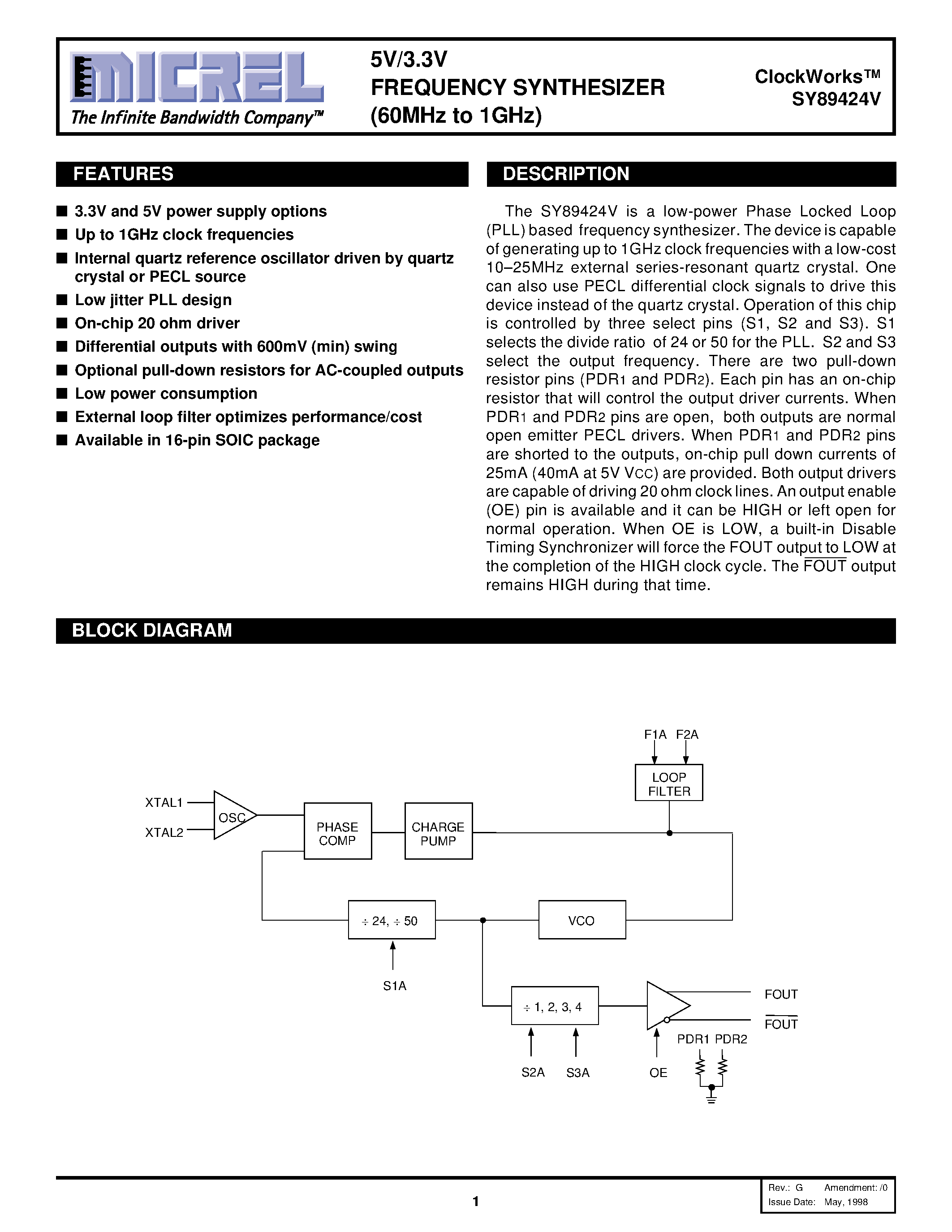 Datasheet SY89424V - 5V/3.3V FREQUENCY SYNTHESIZER 60MHz to 1GHz page 1