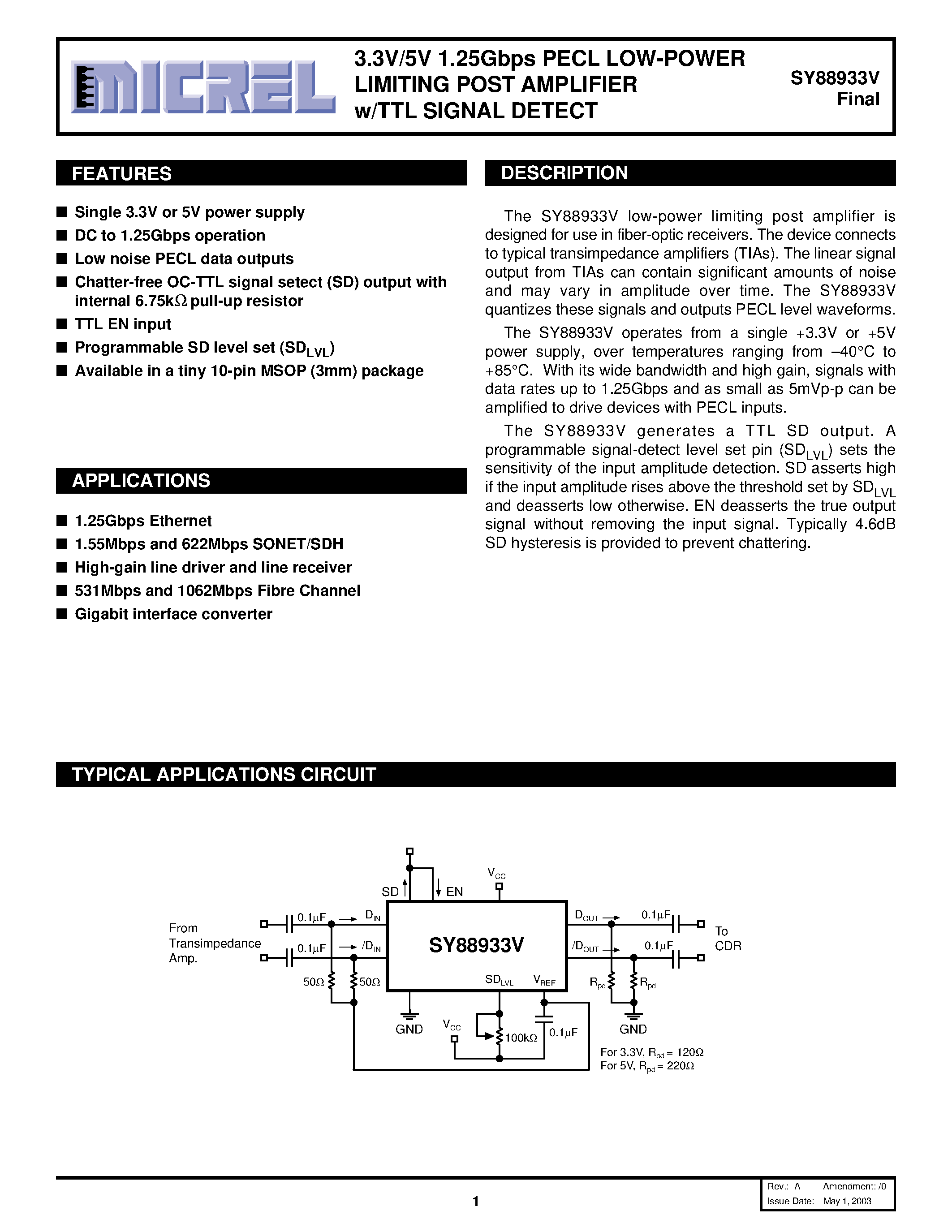 Datasheet SY88933V - 3.3V/5V 1.25Gbps PECL LOW-POWER LIMITING POST AMPLIFIER page 1
