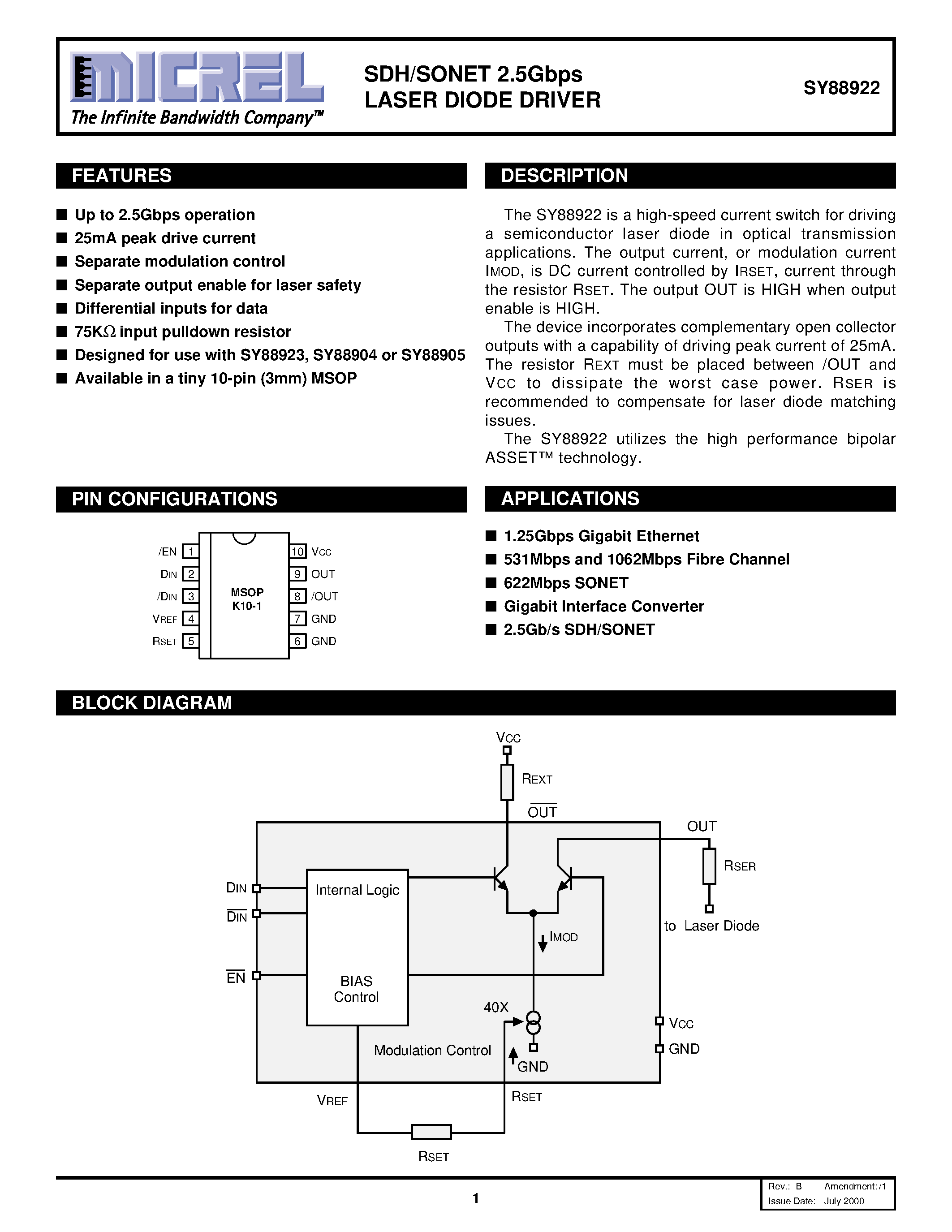 Datasheet SY88922 - SDH/SONET 2.5Gbps LASER DIODE DRIVER page 1
