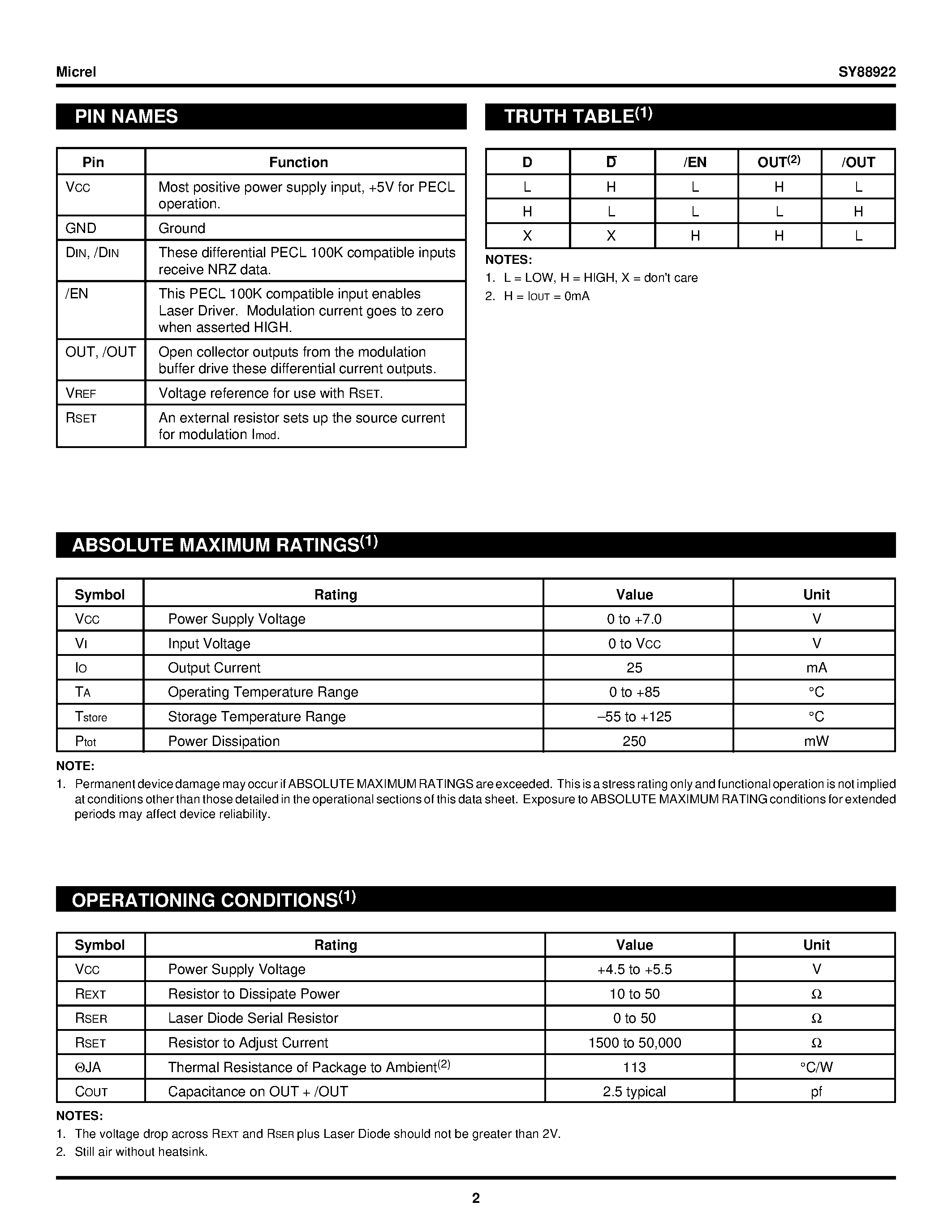 Datasheet SY88922 - SDH/SONET 2.5Gbps LASER DIODE DRIVER page 2