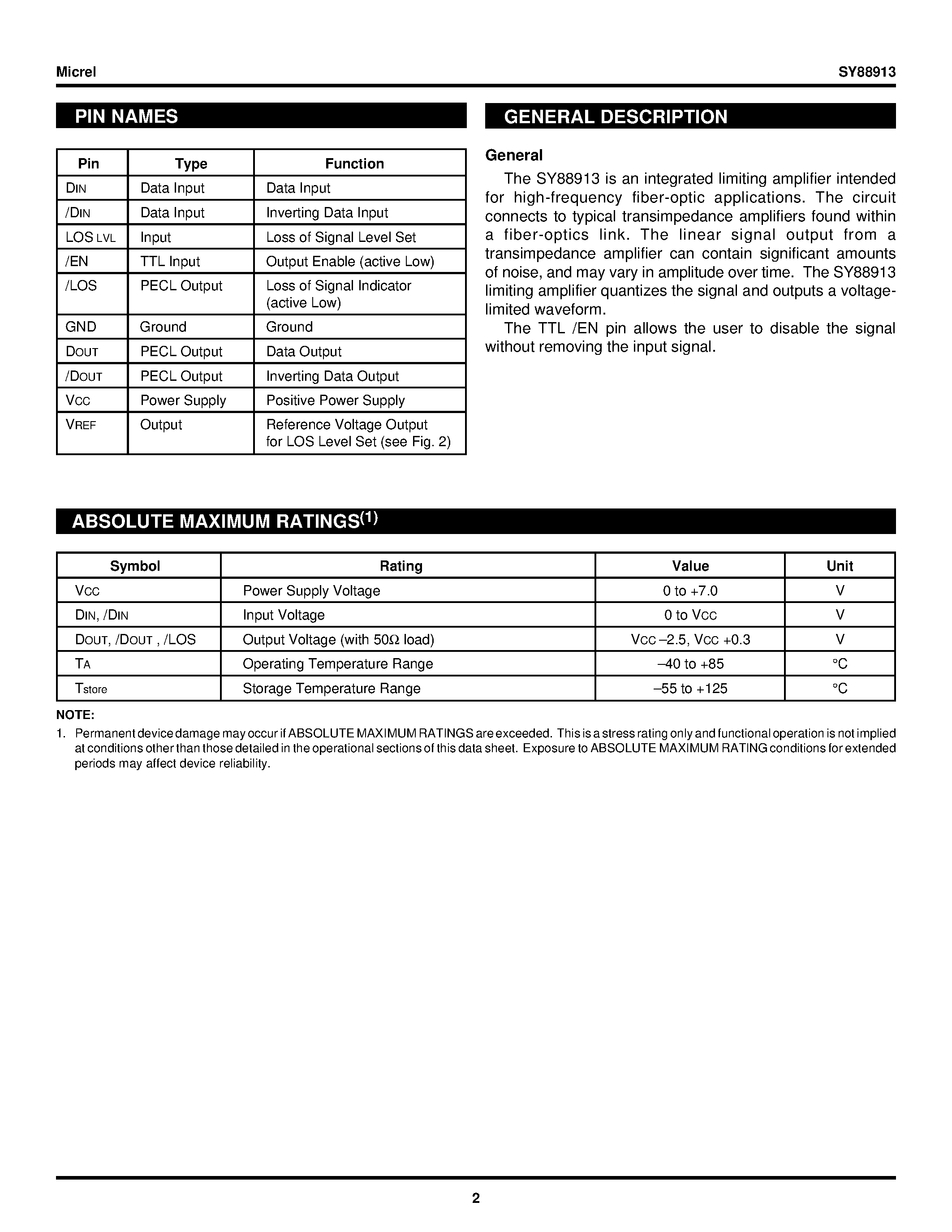 Datasheet SY88913 - 1.25Gbps HIGH-SPEED LIMITING POST AMPLIFIER page 2