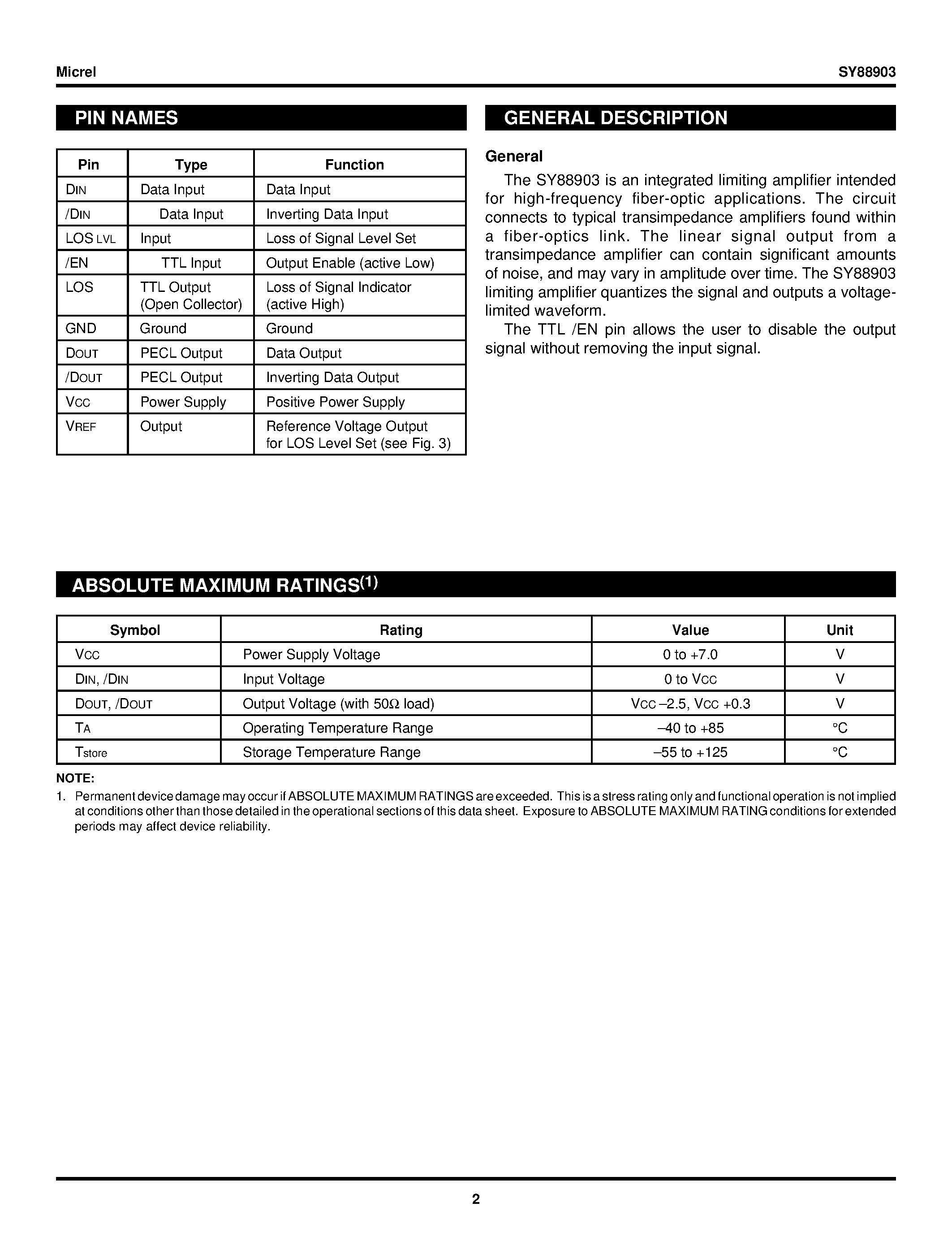 Datasheet SY88903 - 1.25Gbps HIGH-SPEED LIMITING POST AMPLIFIER page 2