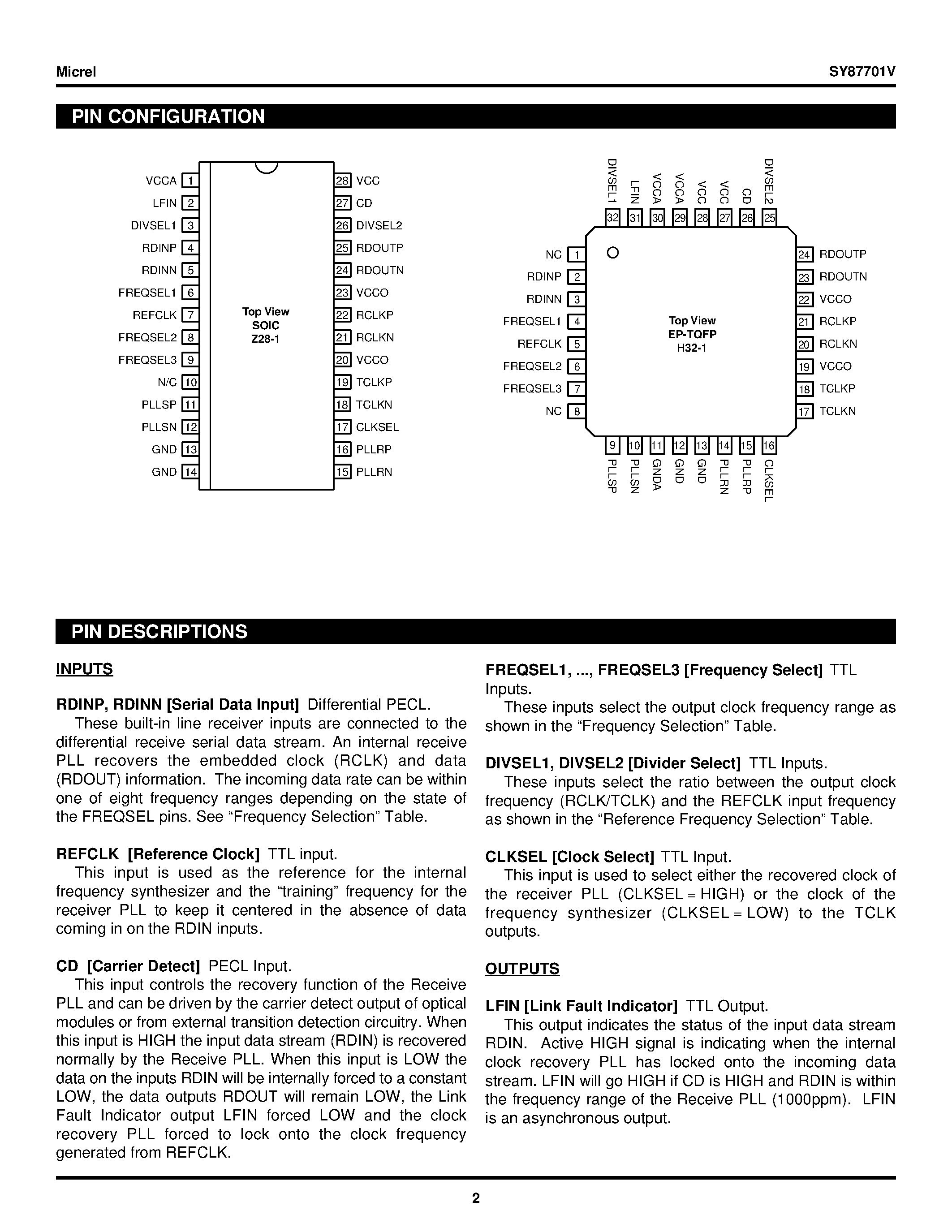 Datasheet SY87701V - 5V/3.3V 32-1250Mbps AnyRate CLOCK AND DATA RECOVERY page 2