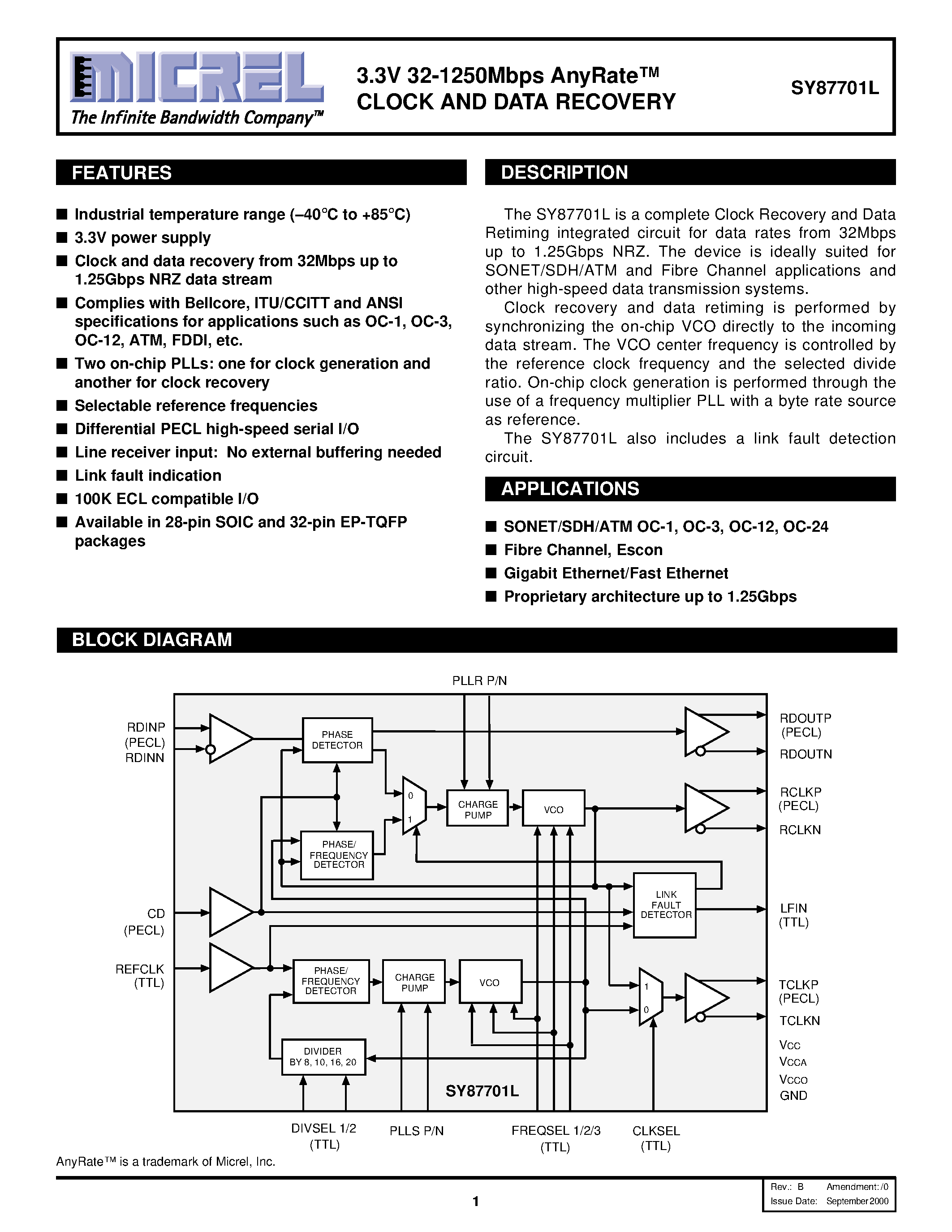 Datasheet SY87701L - 3.3V 32-1250Mbps AnyRate CLOCK AND DATA RECOVERY page 1