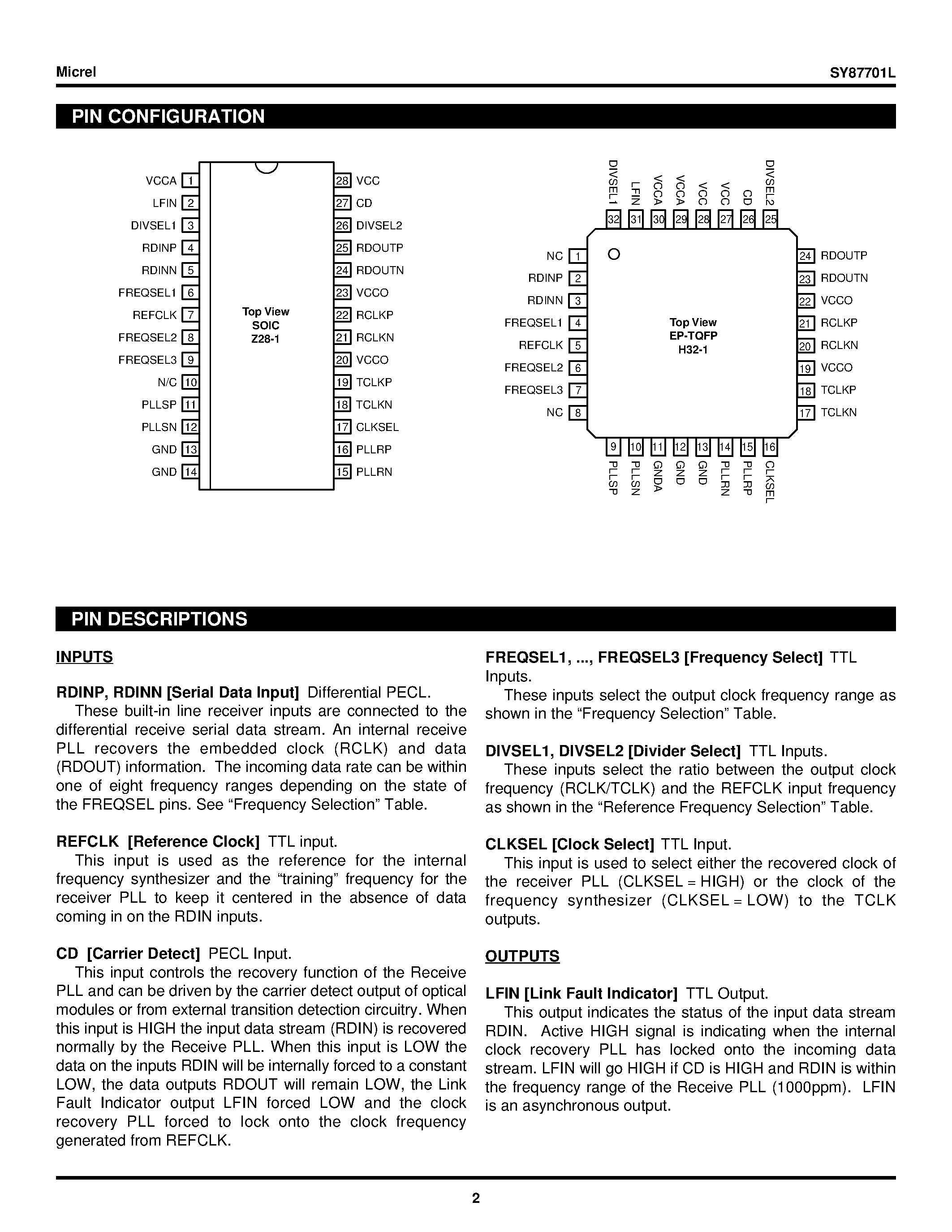 Datasheet SY87701L - 3.3V 32-1250Mbps AnyRate CLOCK AND DATA RECOVERY page 2