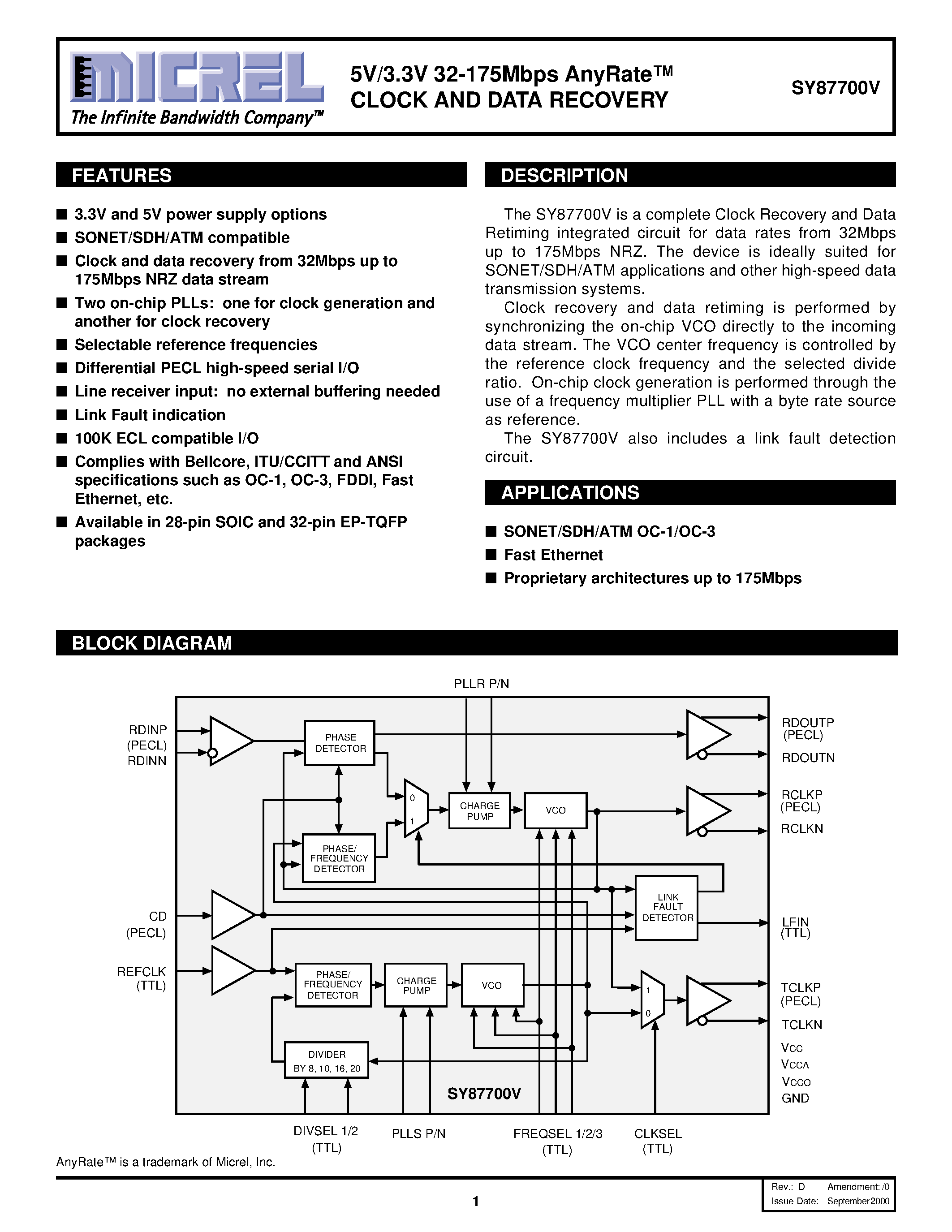 Datasheet SY87700V - 5V/3.3V 32-175Mbps AnyRate CLOCK AND DATA RECOVERY page 1