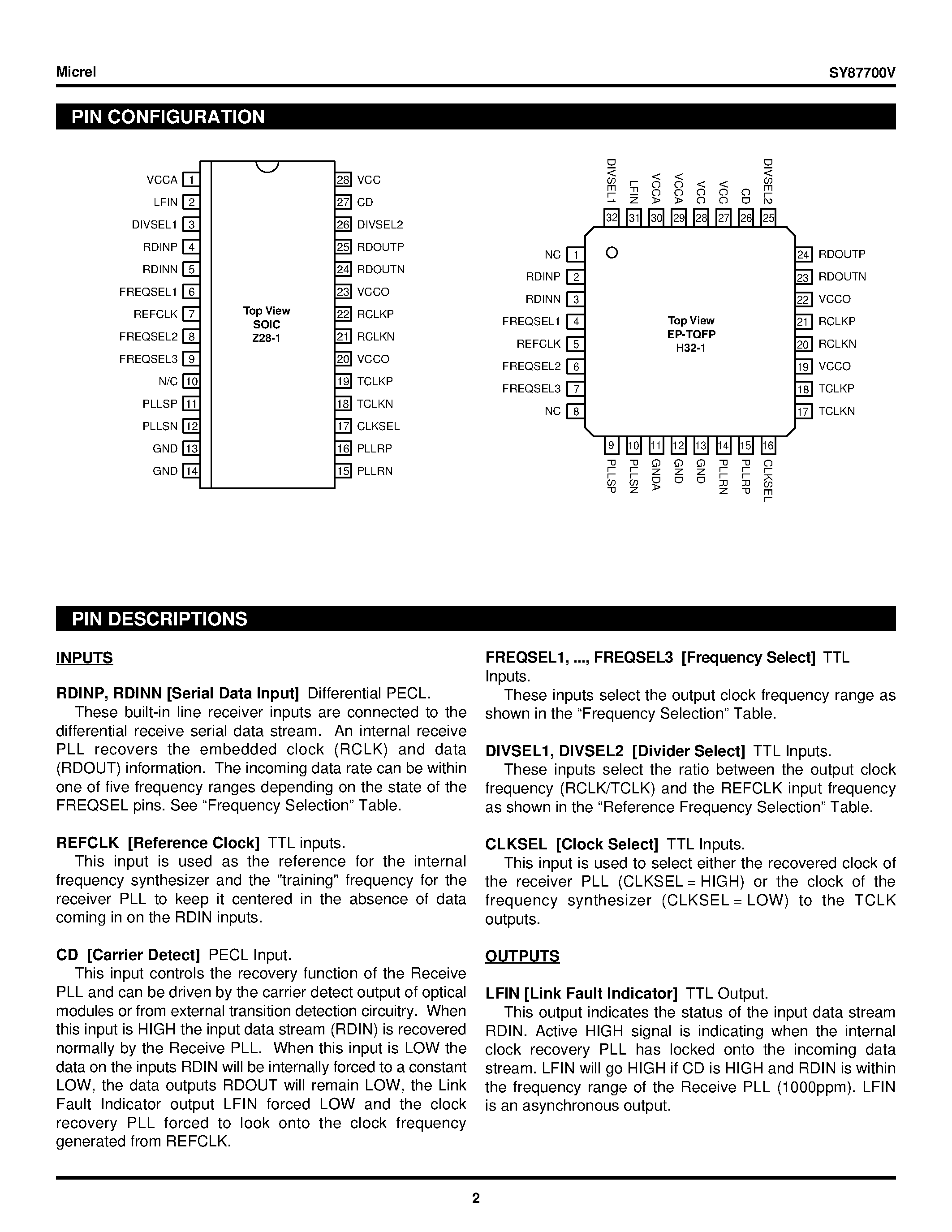 Datasheet SY87700V - 5V/3.3V 32-175Mbps AnyRate CLOCK AND DATA RECOVERY page 2
