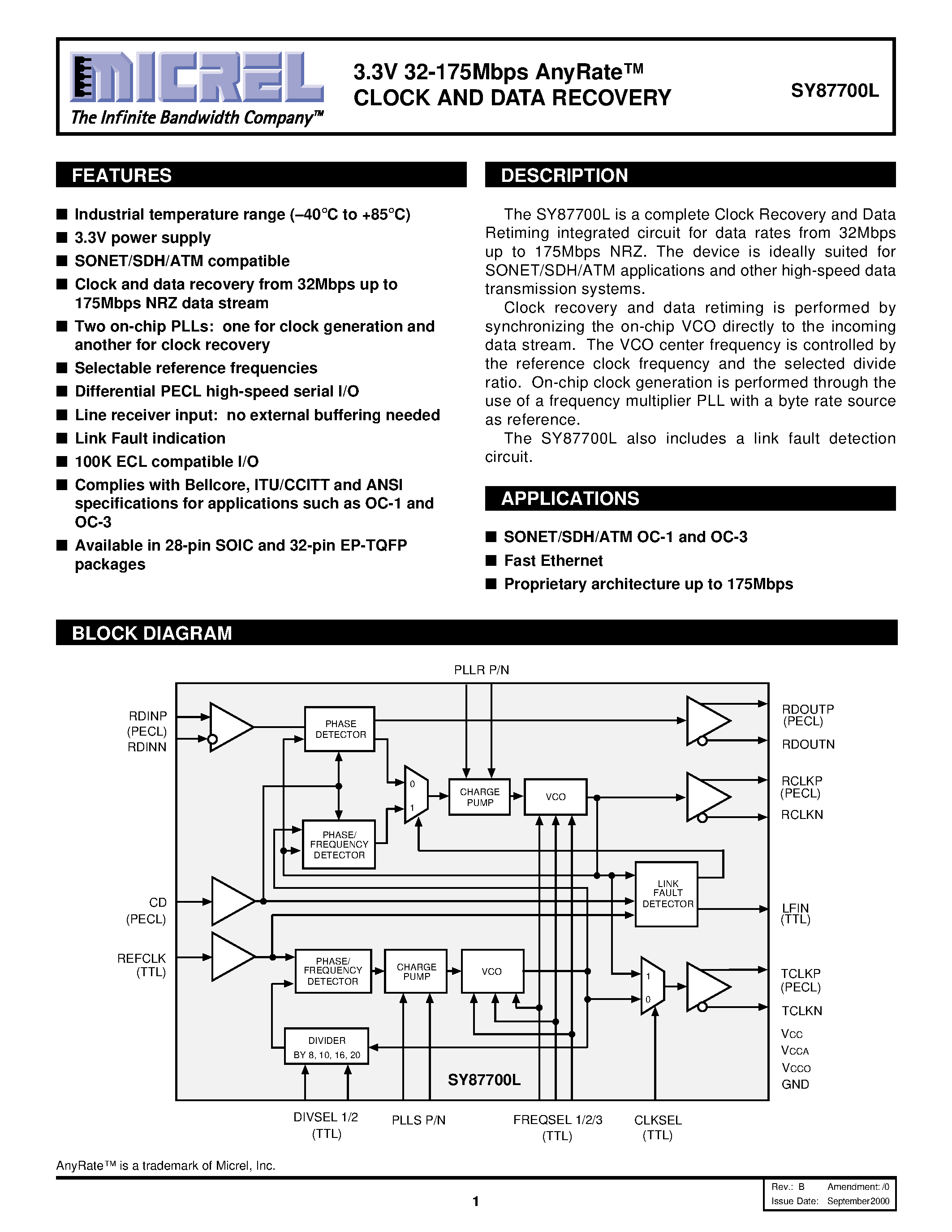 Datasheet SY87700L - 3.3V 32-175Mbps AnyRate CLOCK AND DATA RECOVERY page 1