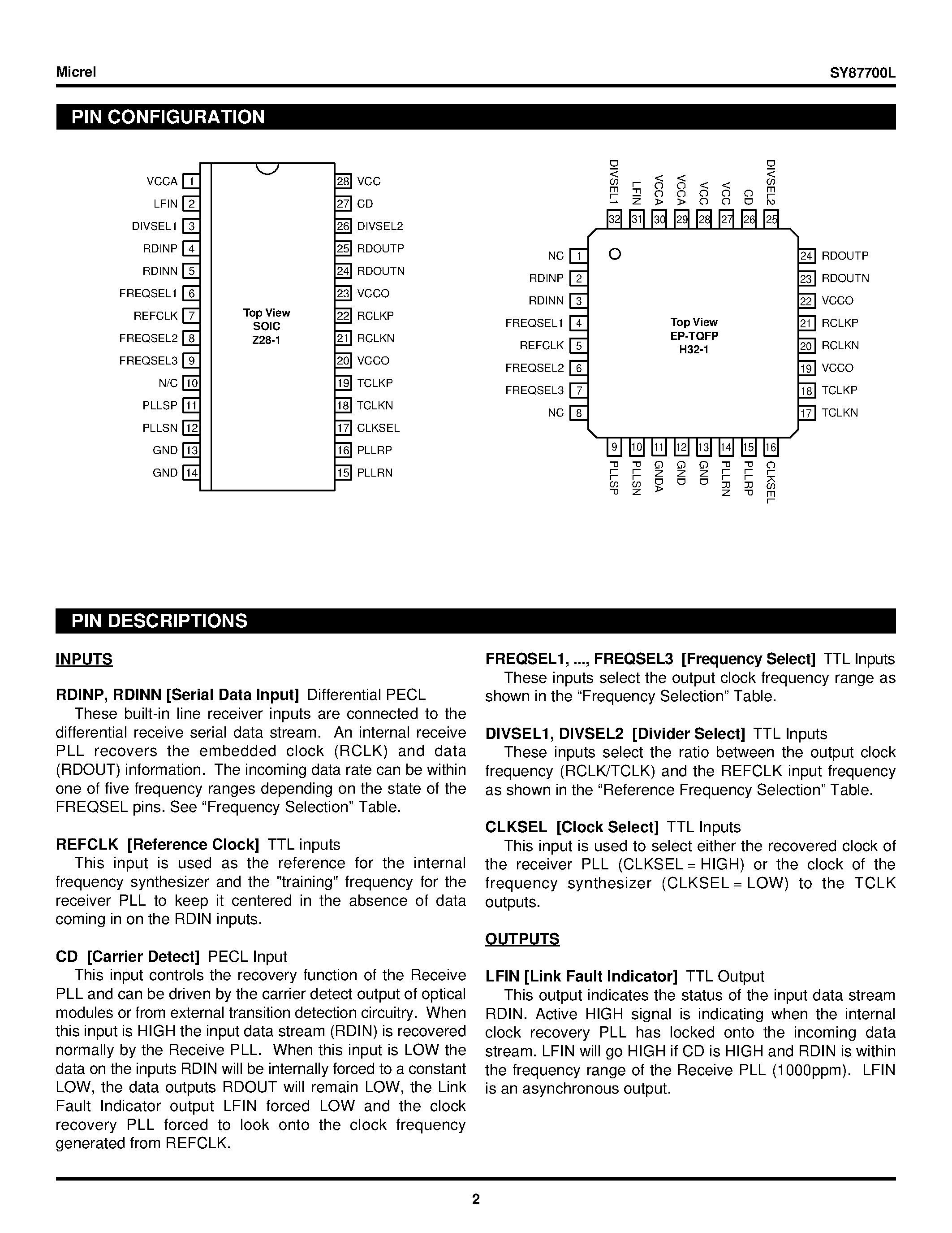 Datasheet SY87700L - 3.3V 32-175Mbps AnyRate CLOCK AND DATA RECOVERY page 2