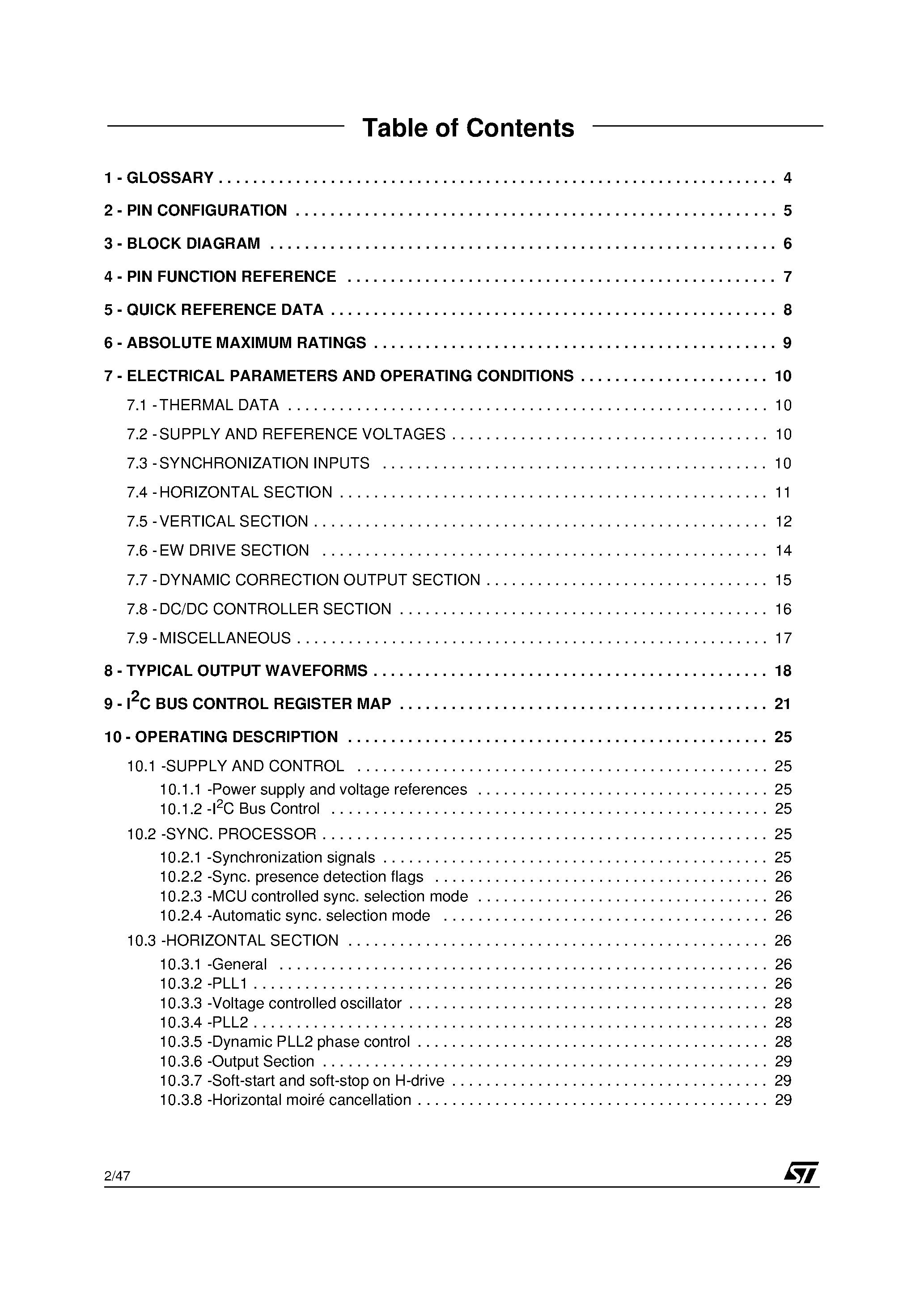 Даташит на микросхему STV6888 страница 2 Даташит STV6888 - LOW-COST I2C CONTROLLED DEFLECTION PROCESSOR FOR MULTISYNC MONITOR страница 2