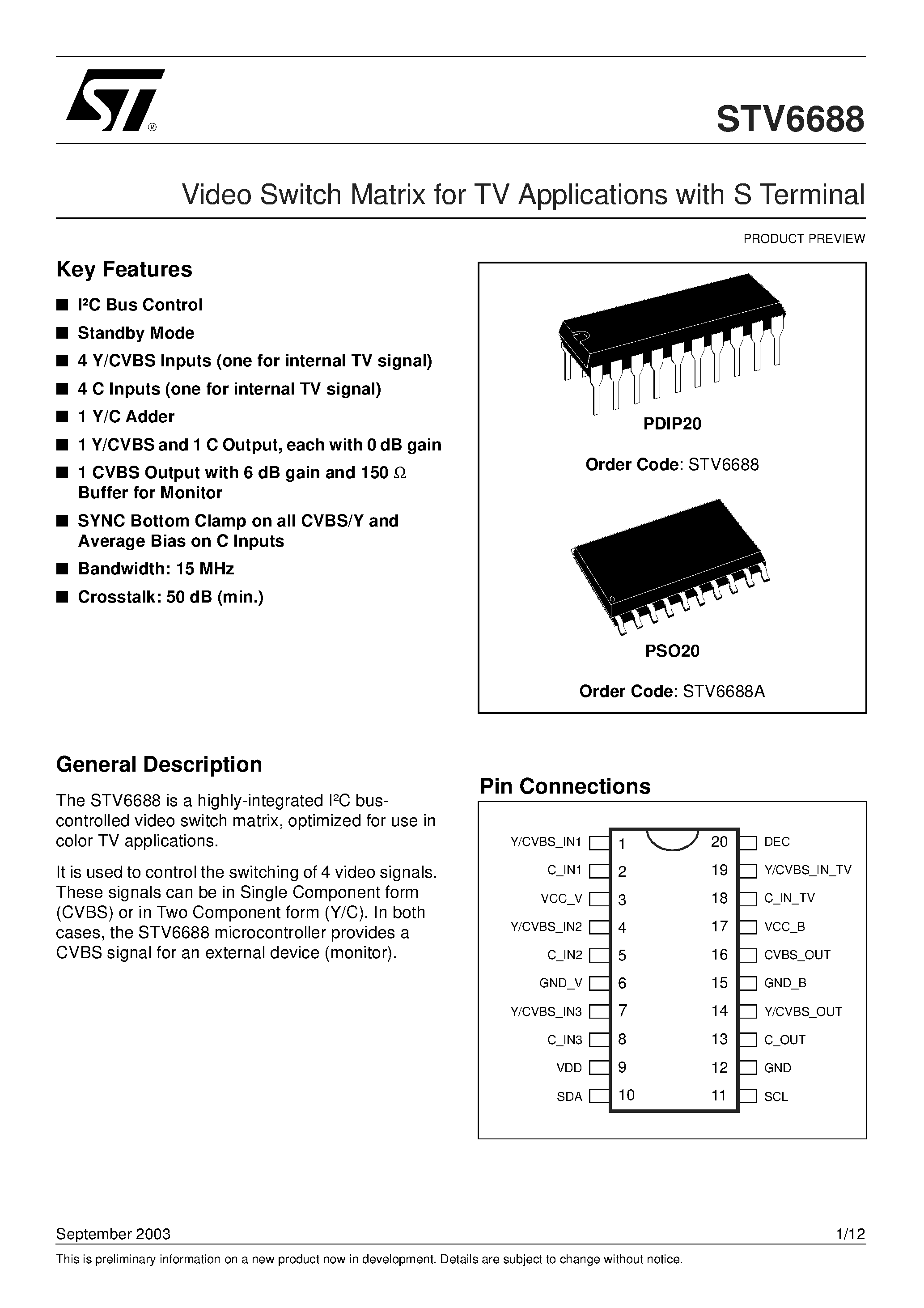 Datasheet STV6688 - Video Switch Matrix for TV Applications with S Terminal page 1