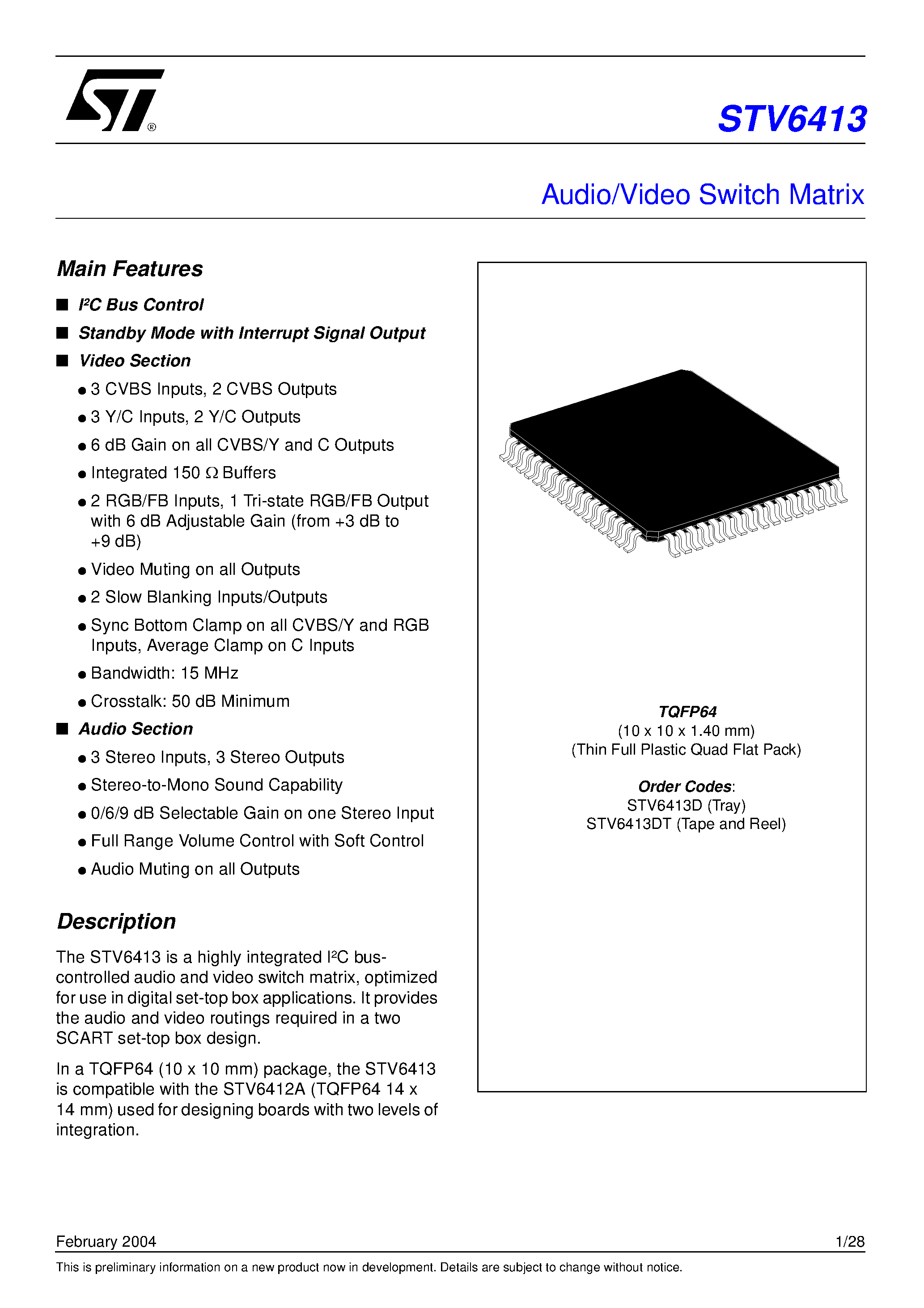 Datasheet STV6413 page 1 Datasheet STV6413 - Audio/Video Switch Matrix page 1