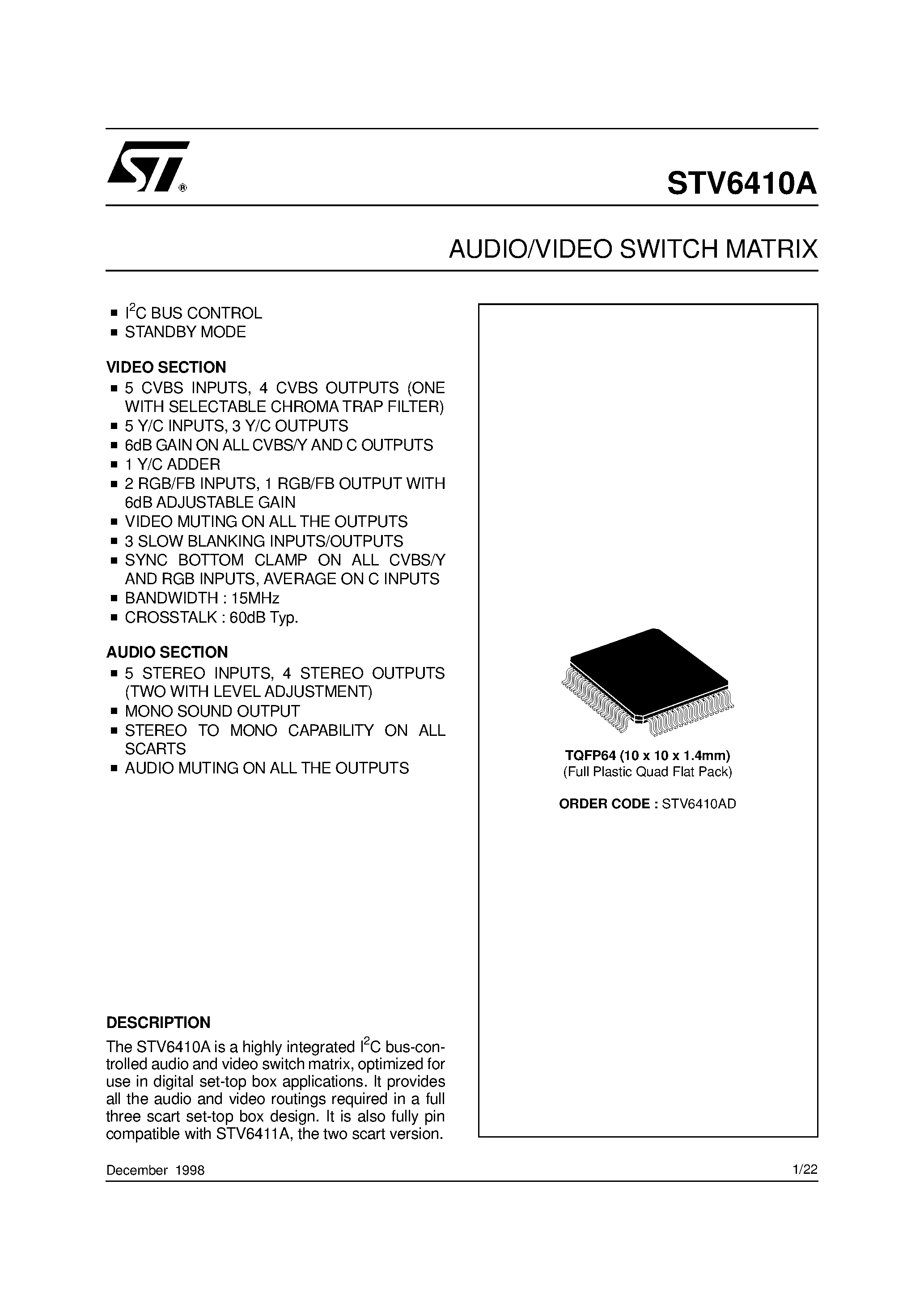 Datasheet STV6410A page 1 Datasheet STV6410A - AUDIO/VIDEO SWITCH MATRIX page 1