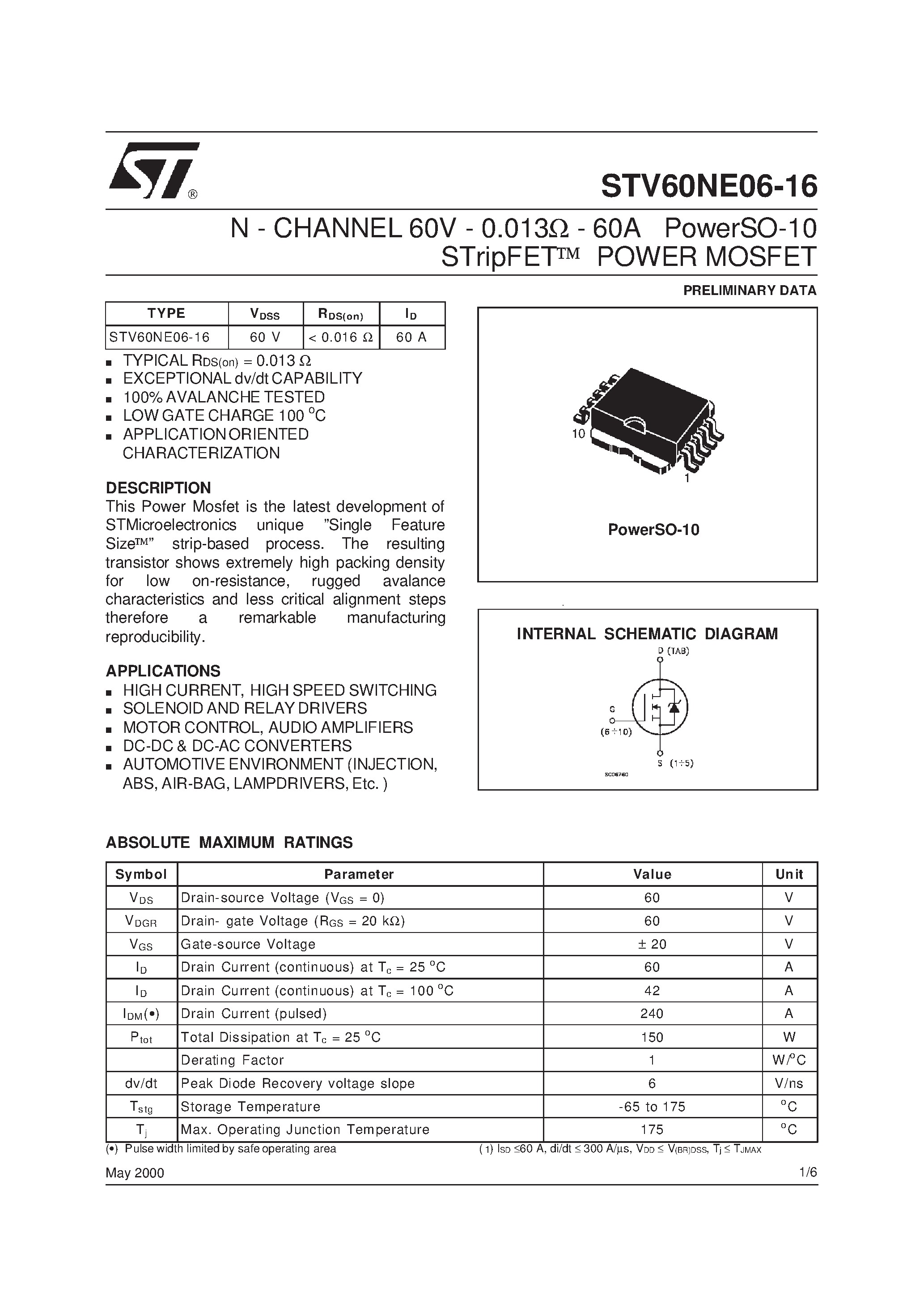 Datasheet STV60NE06-16 page 1 Datasheet STV60NE06-16 - N - CHANNEL POWER MOSFET page 1