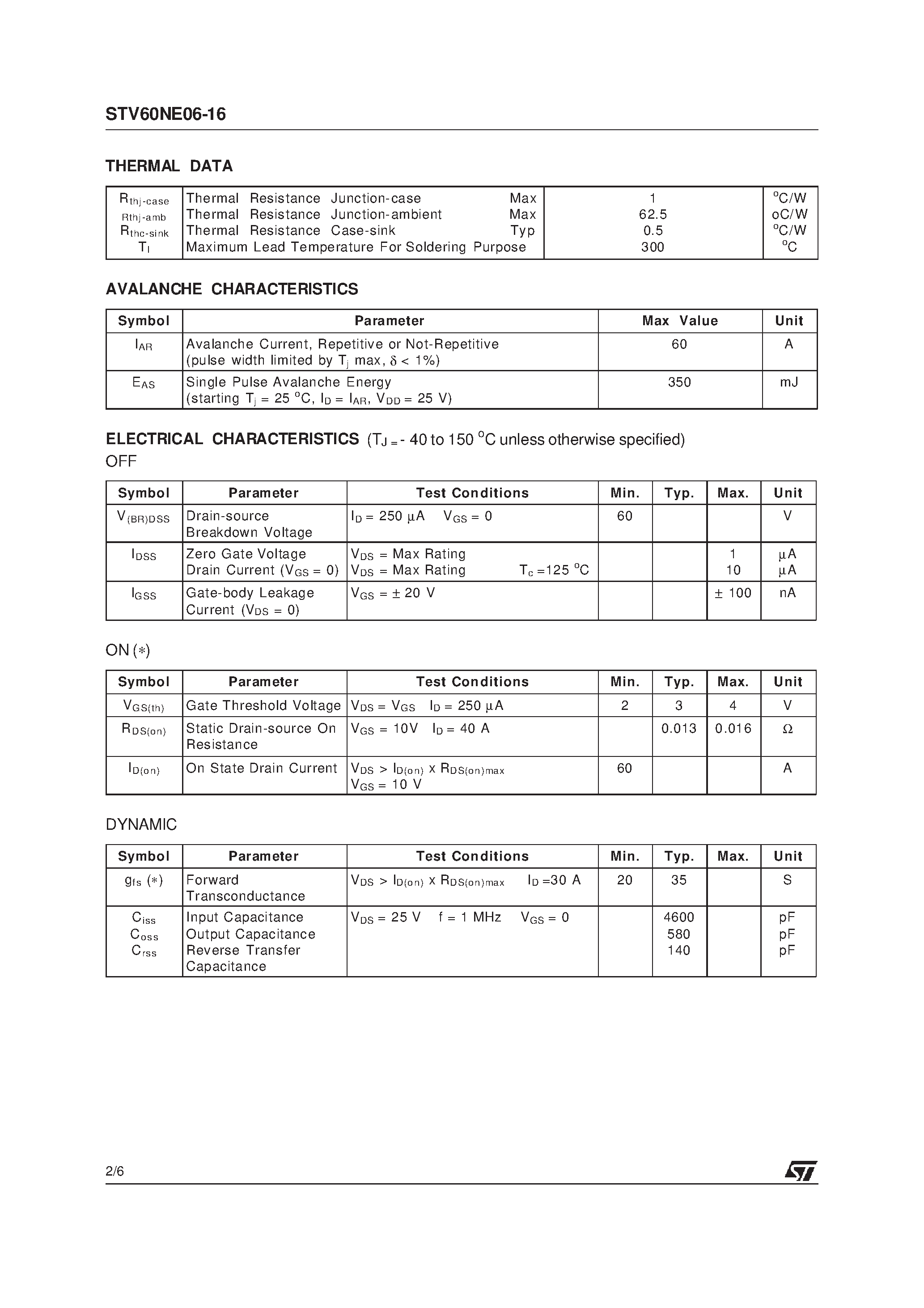 Datasheet STV60NE06-16 page 2 Datasheet STV60NE06-16 - N - CHANNEL POWER MOSFET page 2