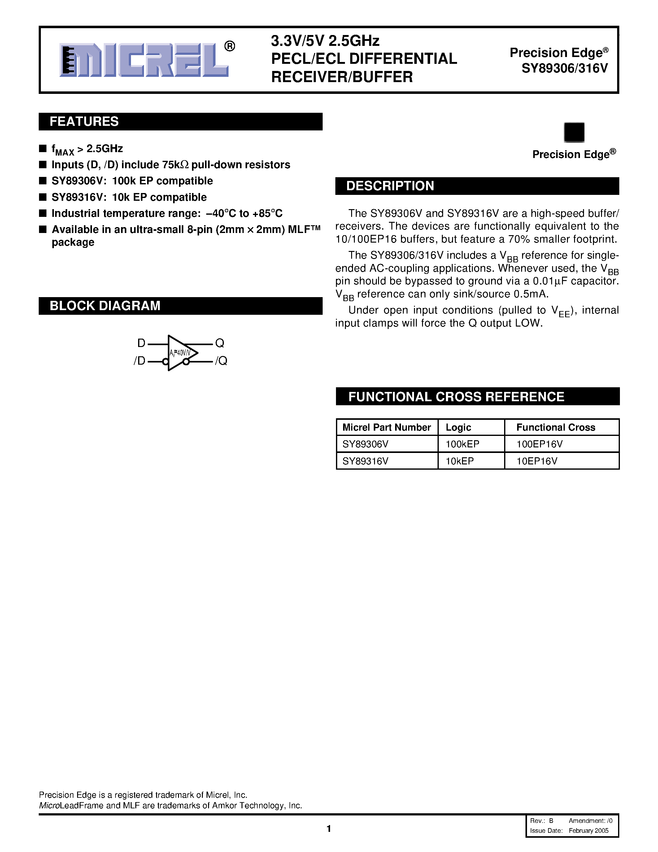 Datasheet SY89306 - 3.3V / 5V 2.5 GHZ PECL/ECL DIFFERENTIAL RECEIVER/BUFFER page 1