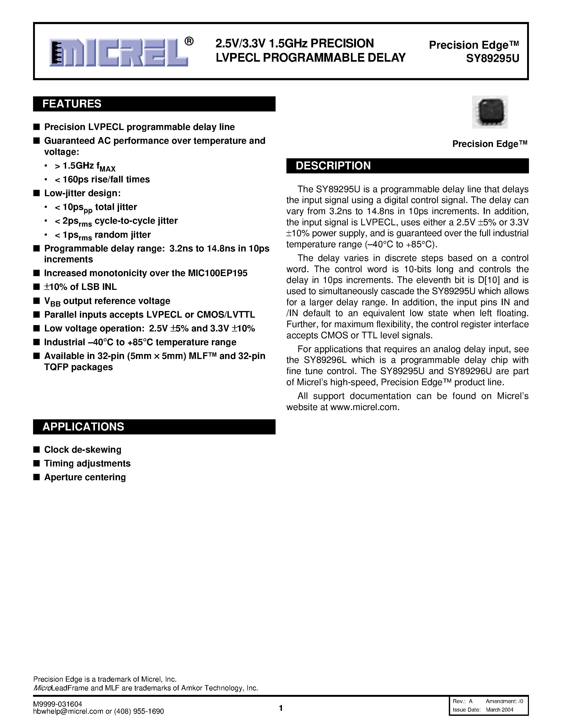 Datasheet SY89295U - 2.5V / 3.3V 1.5 GHZ PRECISION LVPECL PROGRAMMABLE DELAY page 1