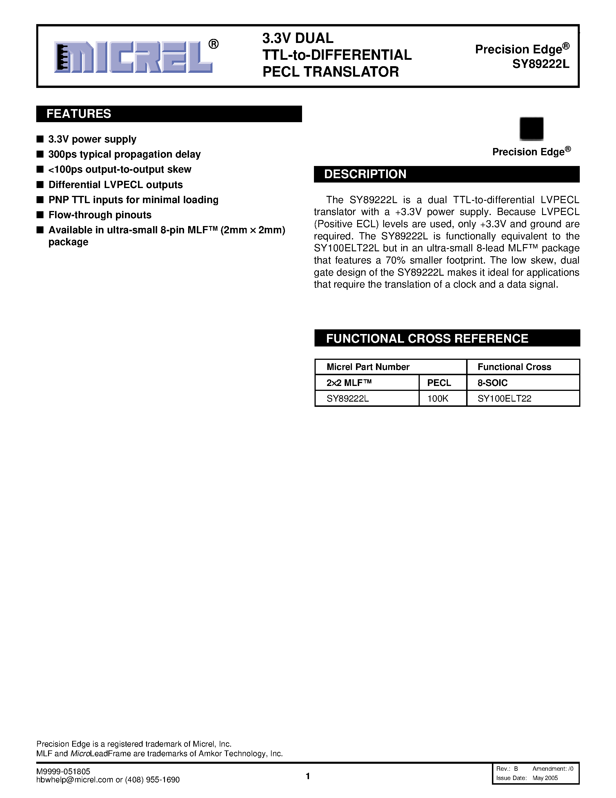 Datasheet SY89222L - 3.3V DUAL TTL-to-DIFFERENTIAL PECL TRANSLATOR page 1