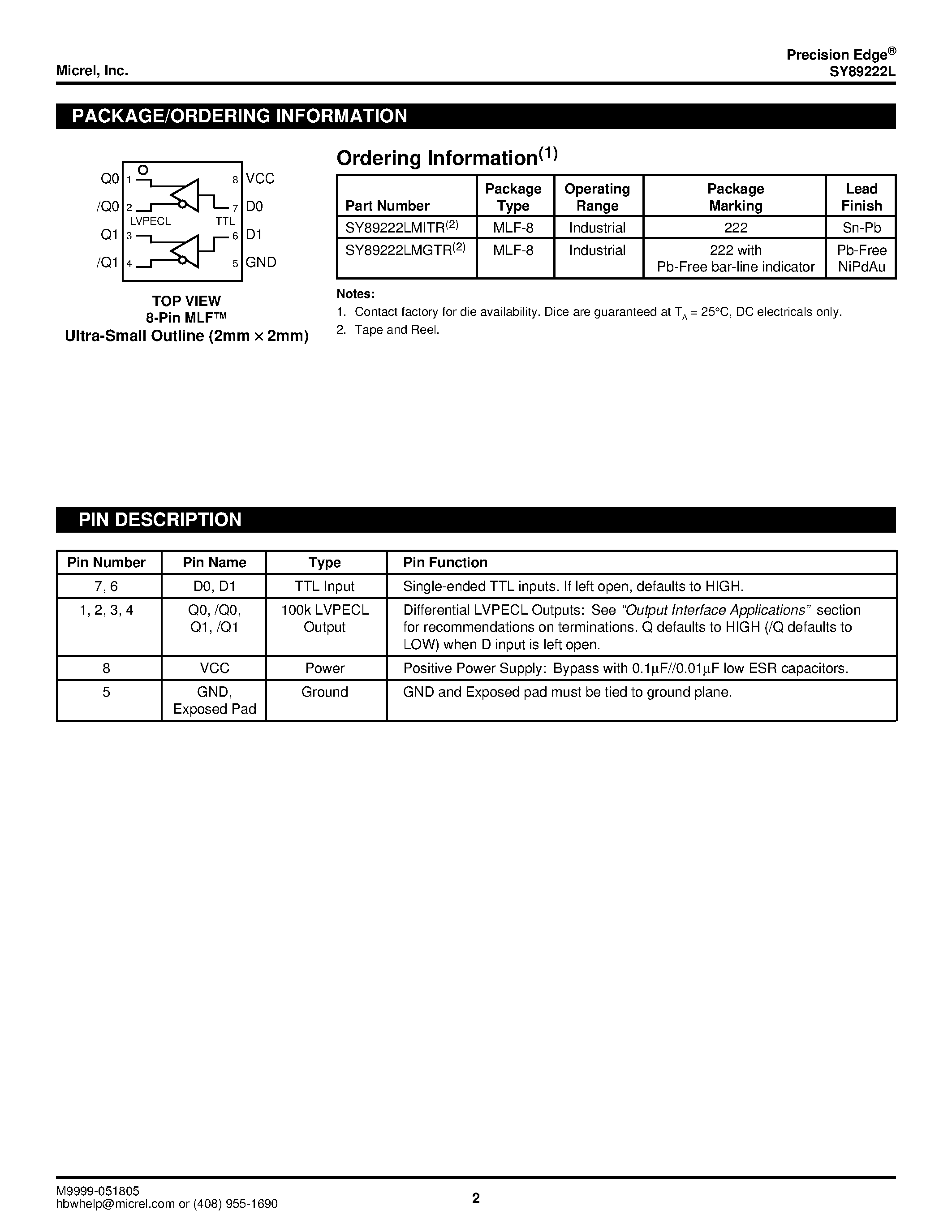 Даташит SY89222L - 3.3V DUAL TTL-to-DIFFERENTIAL PECL TRANSLATOR страница 2