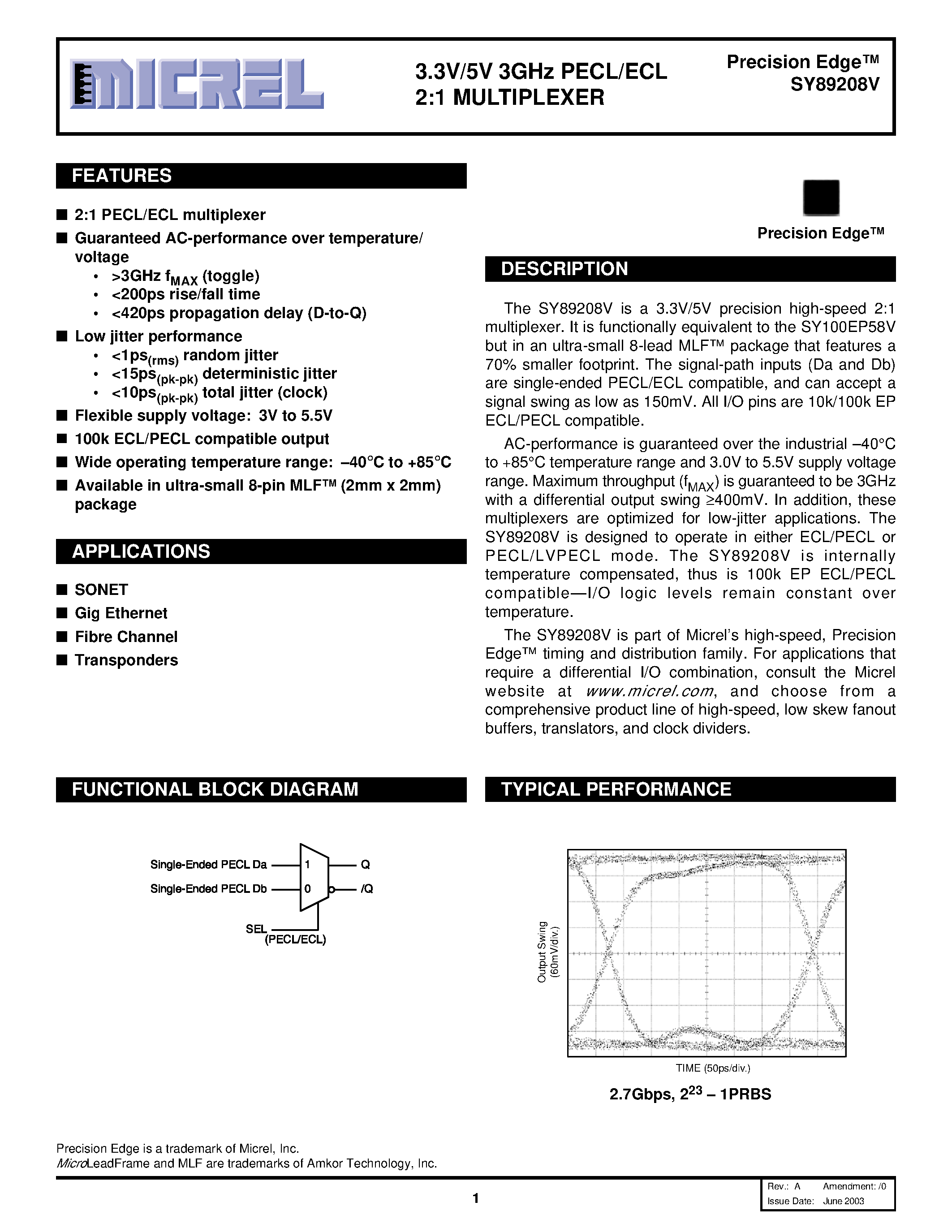 Datasheet SY89208V - 3.3V/5V 3GHz PECL/ECL 2:1 MULTIPLEXER page 1