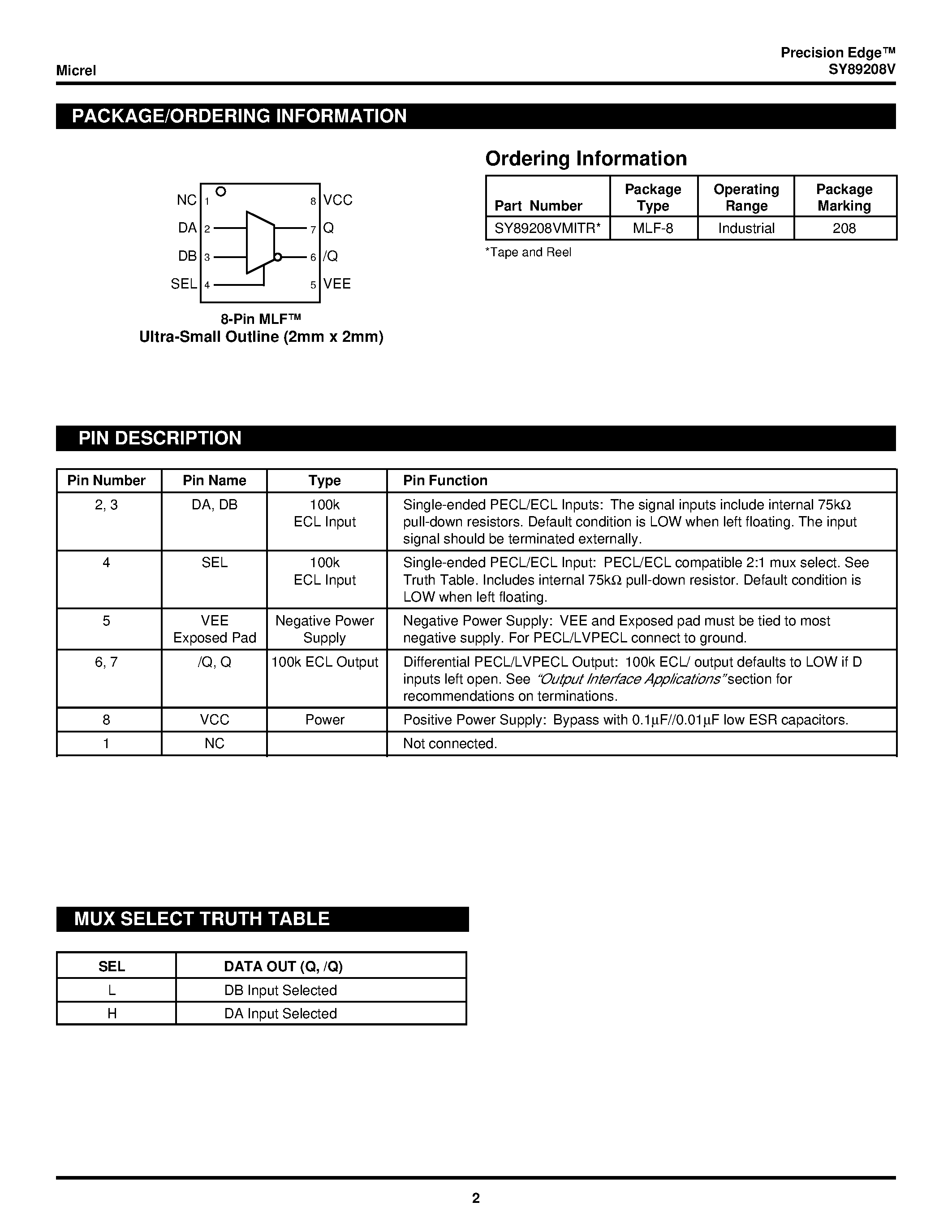 Datasheet SY89208V - 3.3V/5V 3GHz PECL/ECL 2:1 MULTIPLEXER page 2
