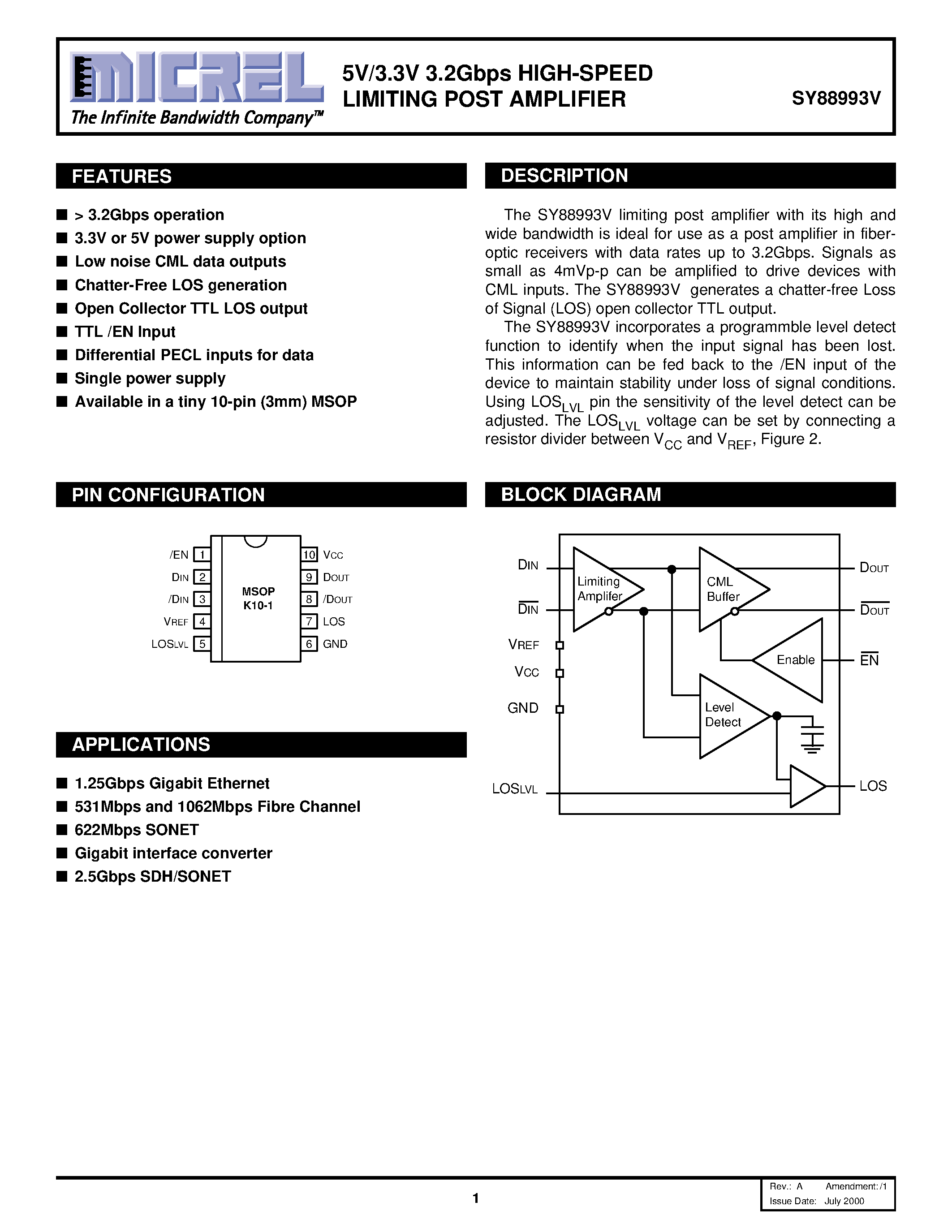 Datasheet SY88993V page 1 Datasheet SY88993V - 5V/3.3V 3.2Gbps HIGH-SPEED LIMITING POST AMPLIFIER page 1