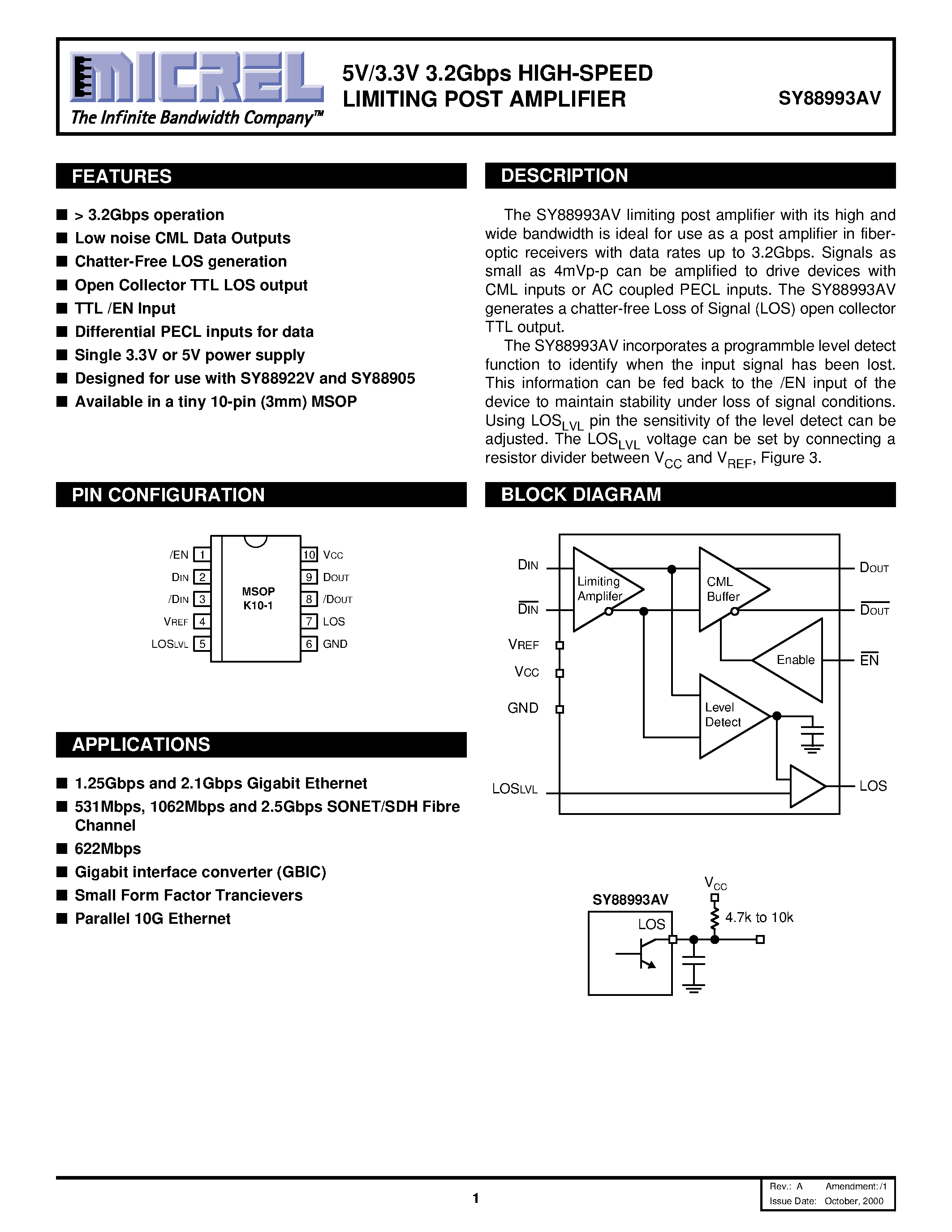 Datasheet SY88993AV - 5V/3.3V 3.2Gbps HIGH-SPEED LIMITING POST AMPLIFIER page 1