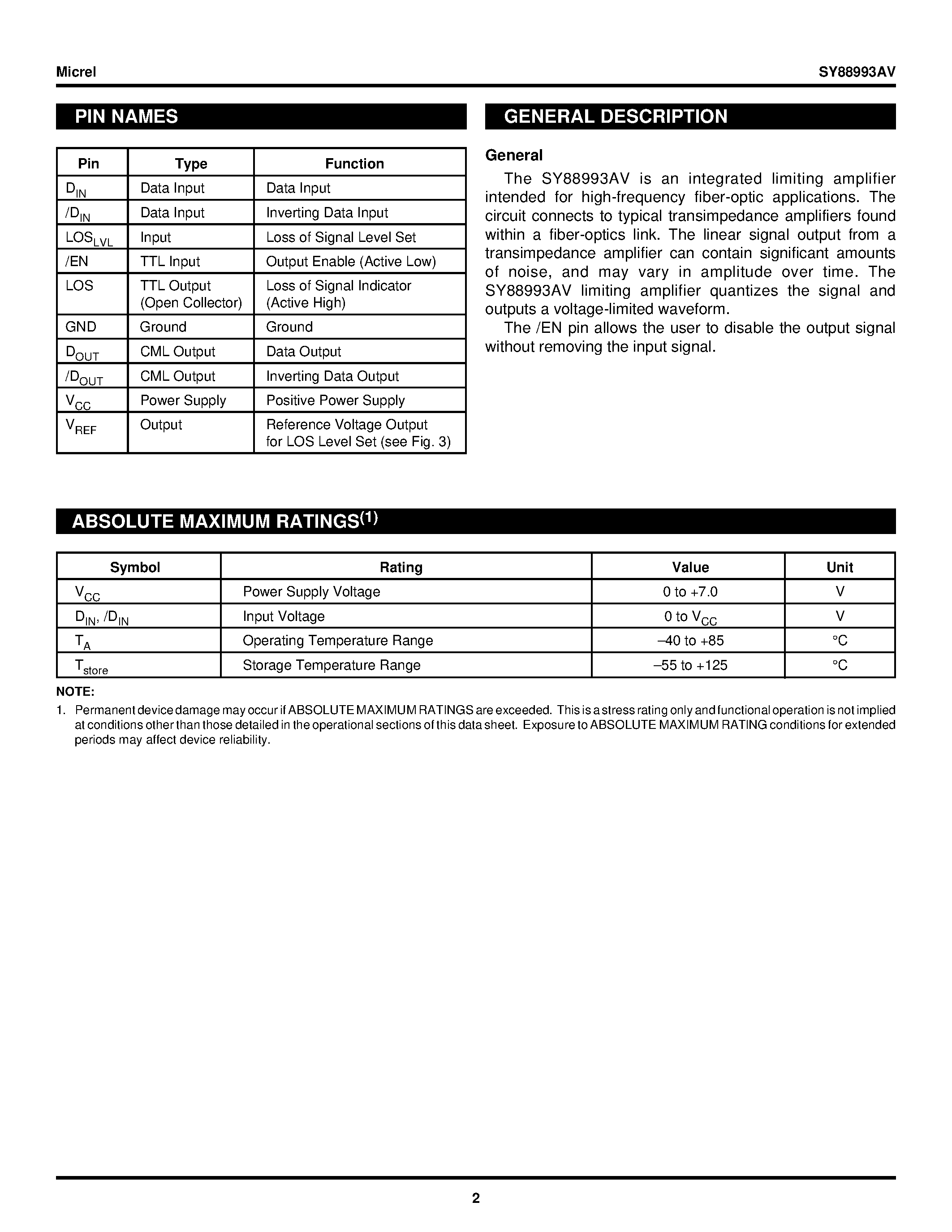 Datasheet SY88993AV - 5V/3.3V 3.2Gbps HIGH-SPEED LIMITING POST AMPLIFIER page 2