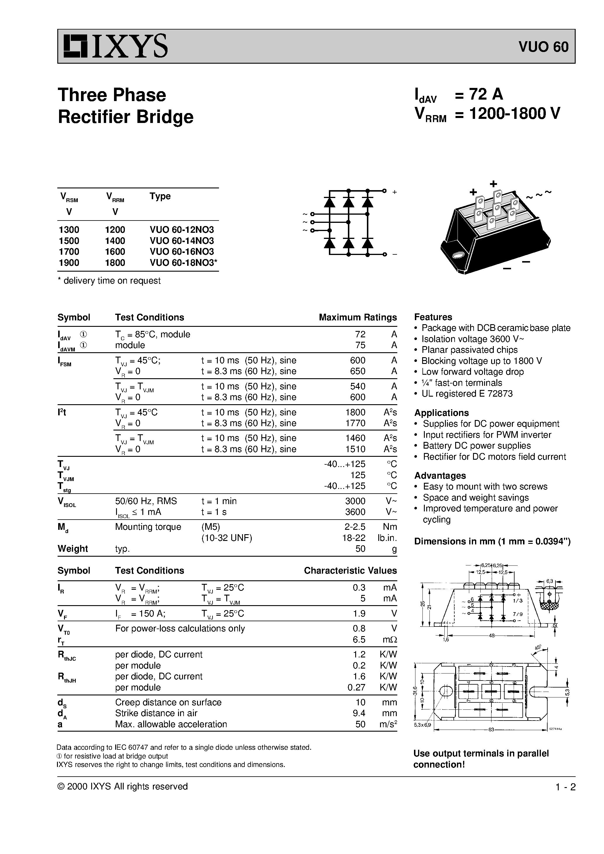 Datasheet VUO60 page 1 Datasheet VUO60 - Theww Phase Rectifier Bridge page 1