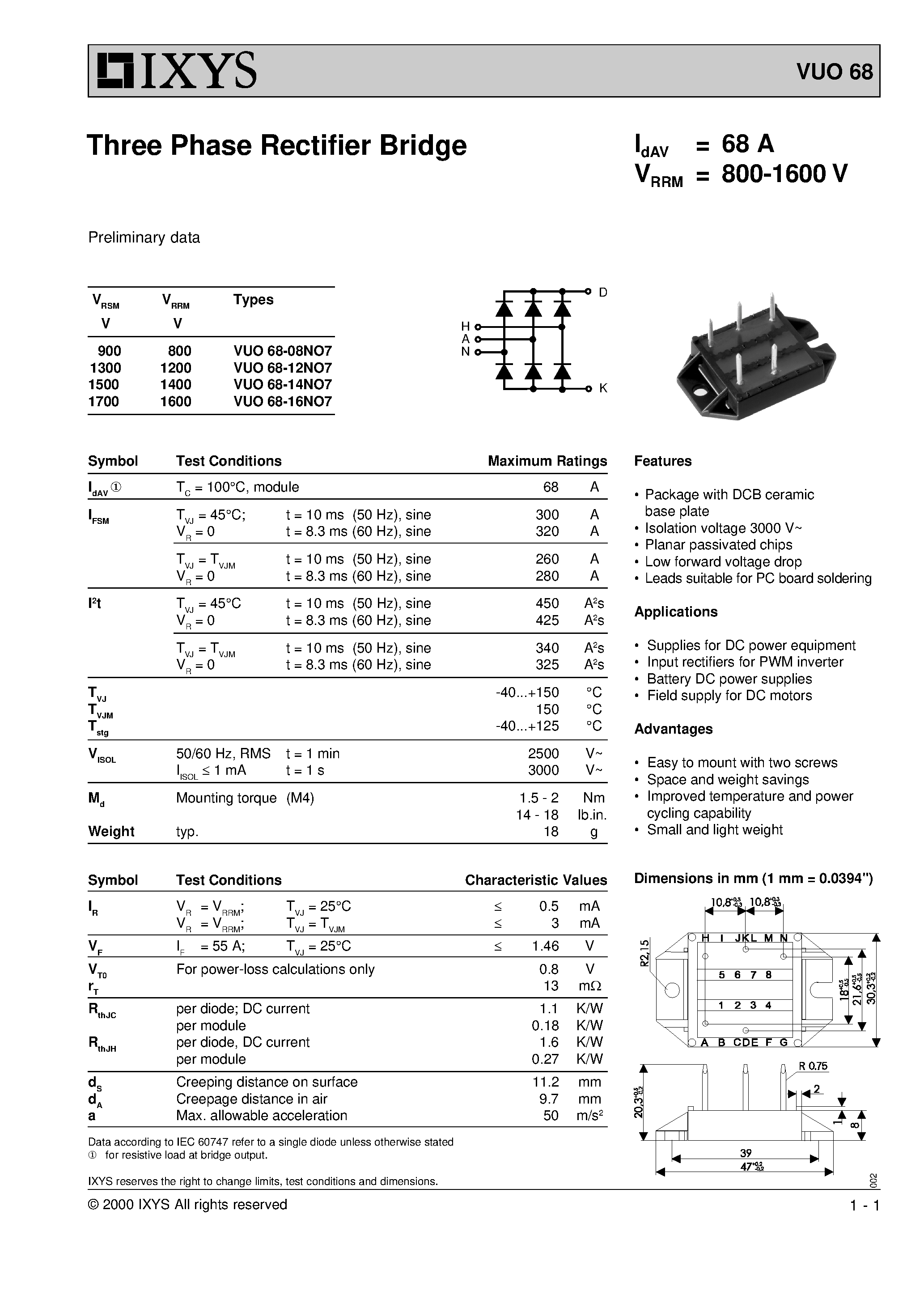 Datasheet VUO68 page 1 Datasheet VUO68 - Three Phase Rectifier Bridge page 1