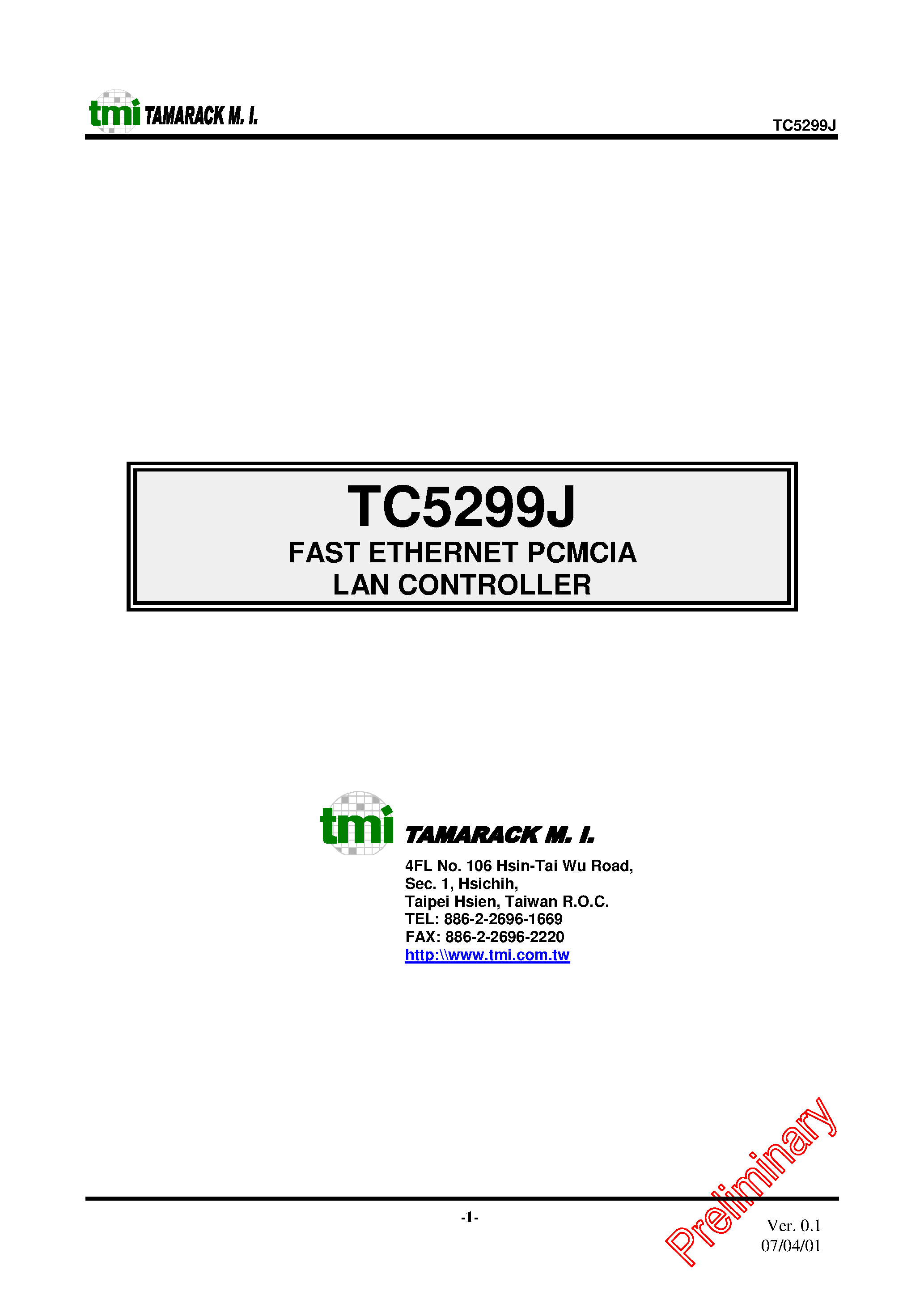 Datasheet TC5299J - FAST ETHERNET PCMCIA LAN CONTROLLER page 1