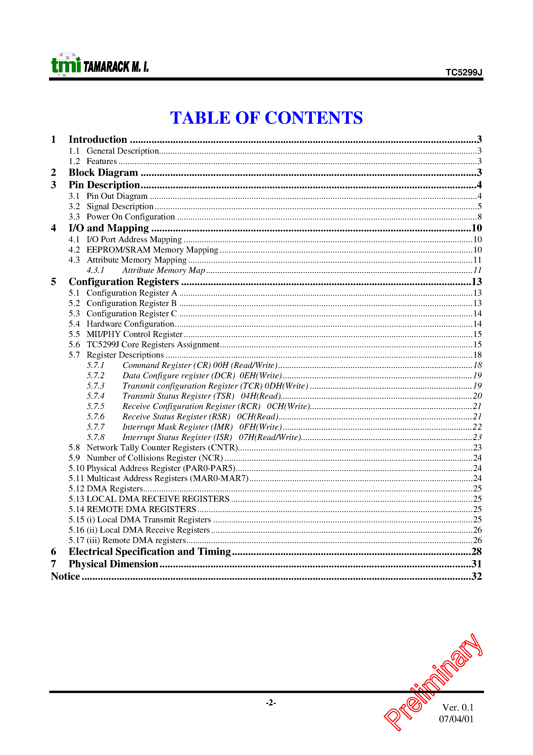 Datasheet TC5299J - FAST ETHERNET PCMCIA LAN CONTROLLER page 2