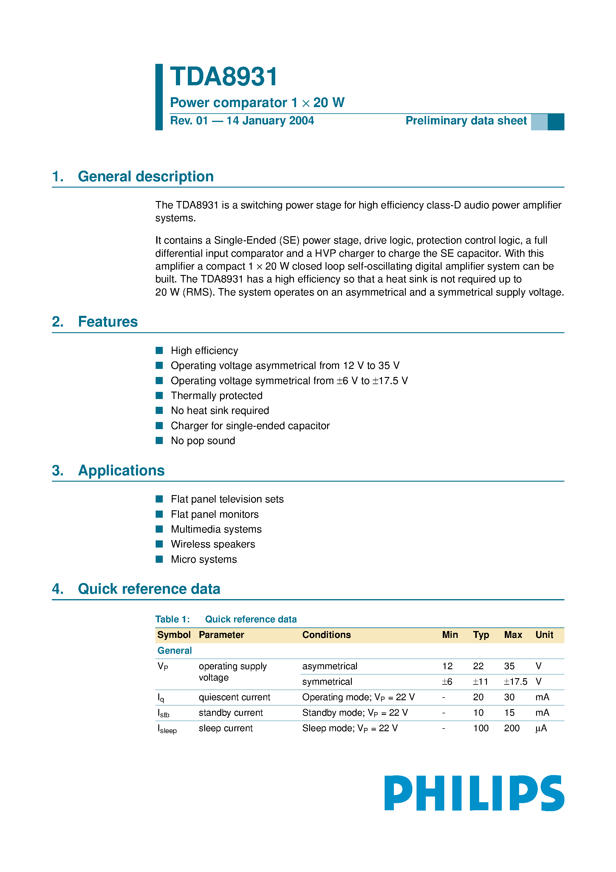 Datasheet TDA8931 - Power comparator 1 X 20 W page 1