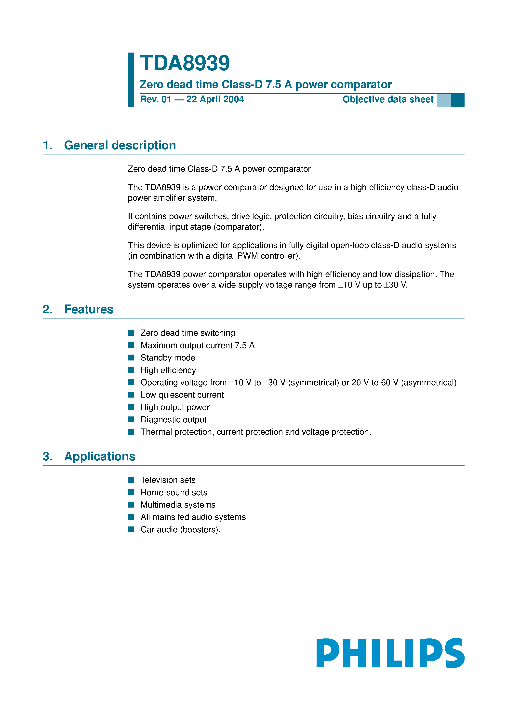 Даташит на микросхему TDA8939 страница 1 Даташит TDA8939 - Zero dead time Class-D 7.5 A power comparator страница 1