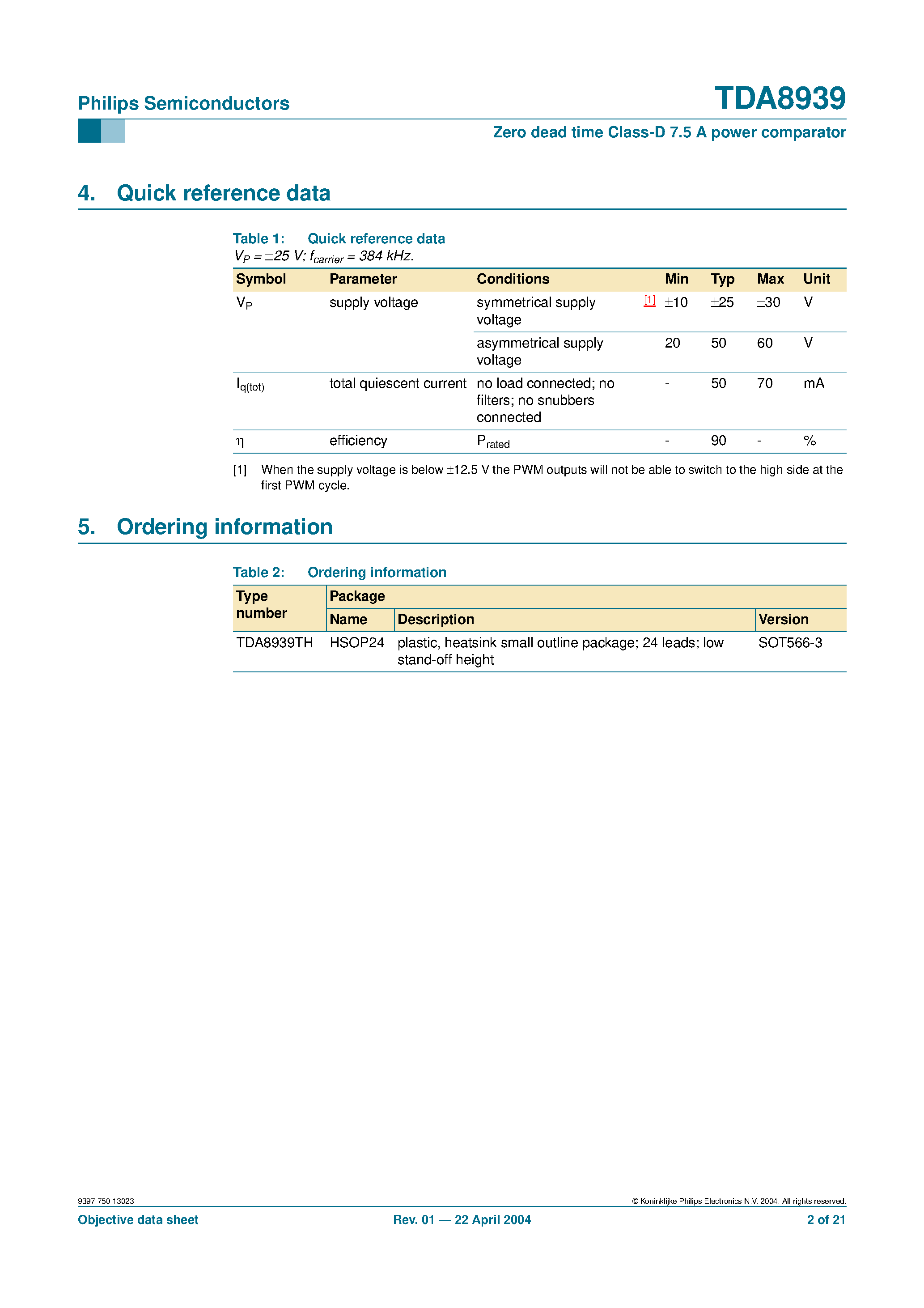 Даташит на микросхему TDA8939 страница 2 Даташит TDA8939 - Zero dead time Class-D 7.5 A power comparator страница 2