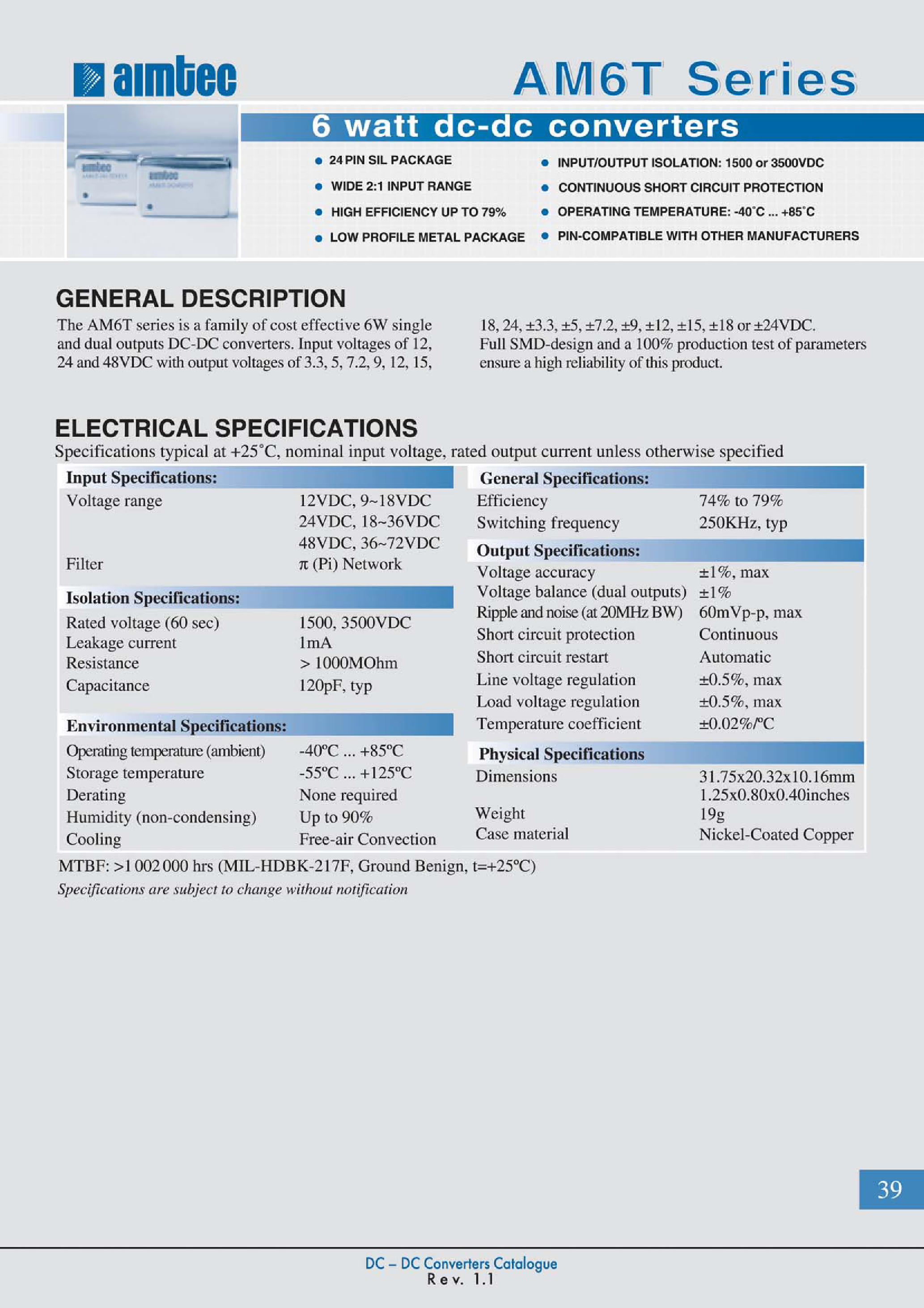 Datasheet AM6T - 6 watt dc-dc converters page 1