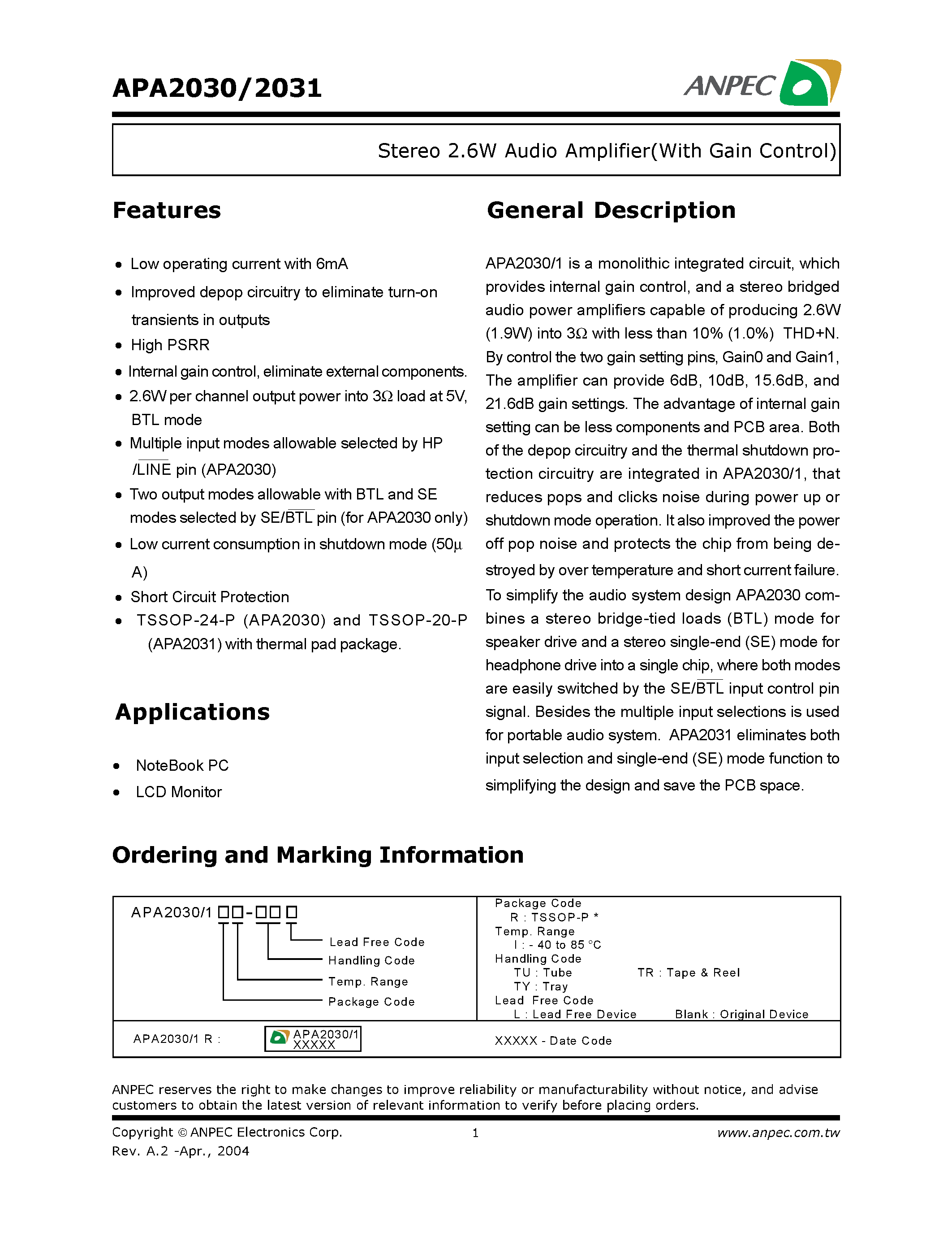 Даташит APA2030 - (APA2030 / APA2031) Stereo 2.6W Audio Amplifier(With Gain Control) страница 1