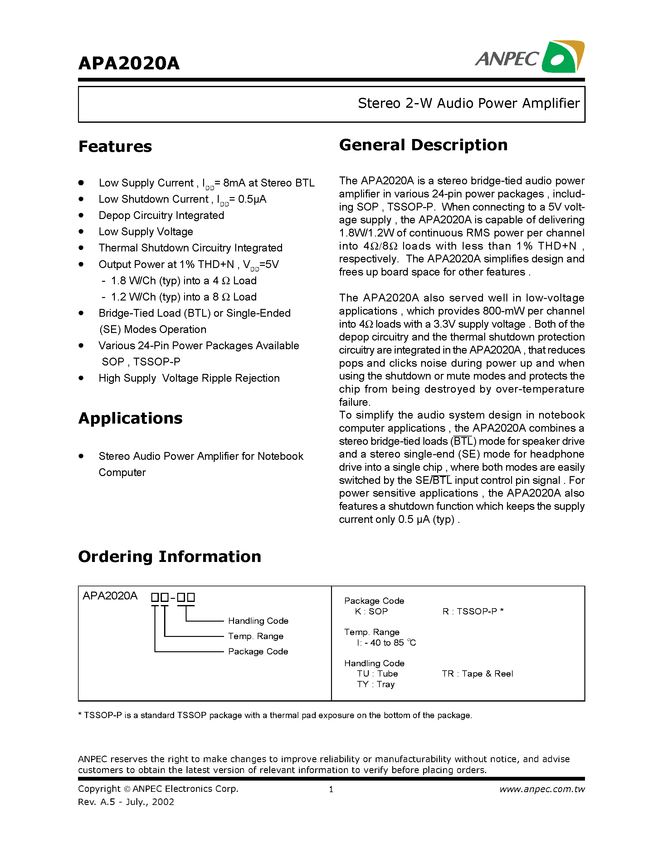Datasheet APA2020A page 1 Datasheet APA2020A - Stereo 2-W Audio Power Amplifier page 1