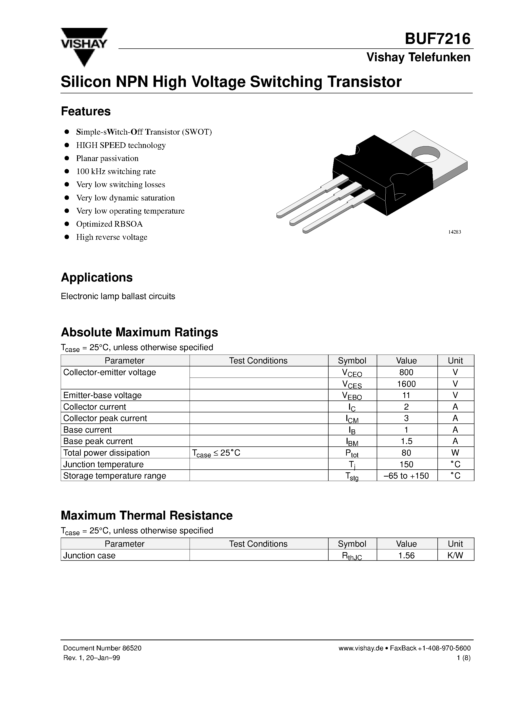Даташит BUF7216 - Silicon NPN High Voltage Switching Transistor страница 1