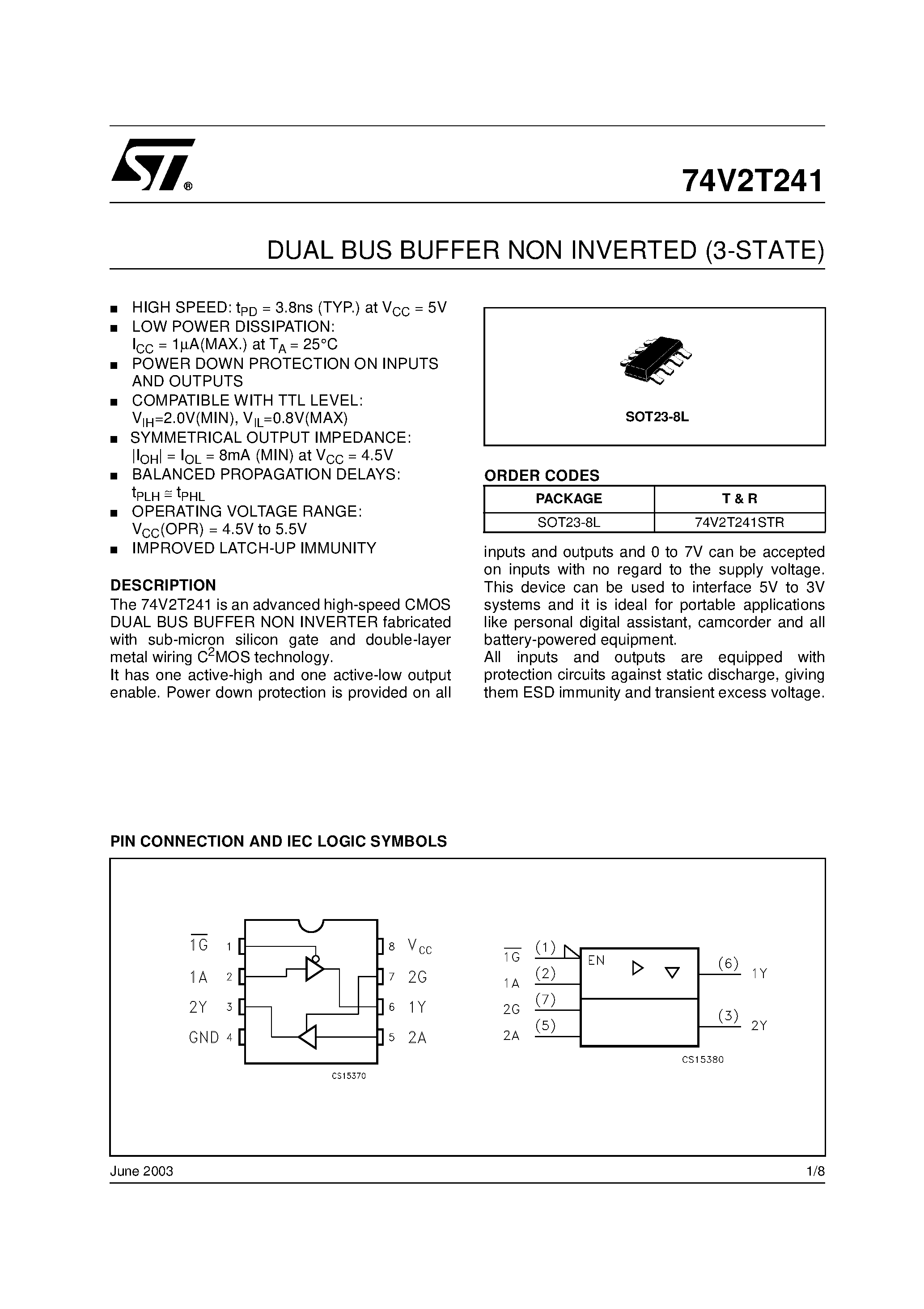 Даташит на микросхему 74V2T241 страница 1 Даташит 74V2T241 - DUAL BUS BUFFER NON INVERTED (3-STATE) страница 1