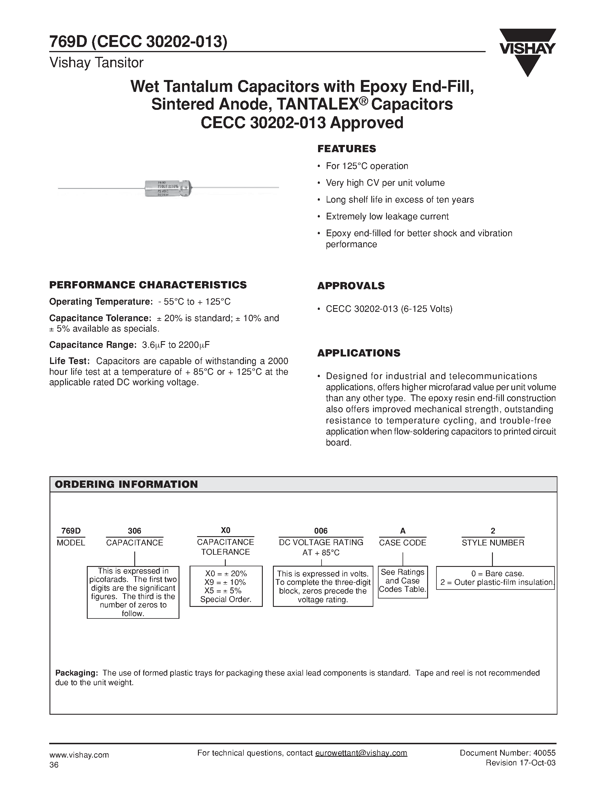 Datasheet 769D page 1 Datasheet 769D - Wet Tantalum Capacitors with Epoxy End-Fill / Sintered Anode page 1